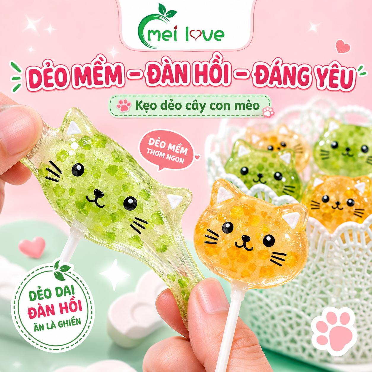 Kẹo Dẻo Cây Con Mèo Hương Trái Cây, Dẻo Mềm, Tạo Hình Mèo Đáng Yêu, Kẹo Ăn Vặt Cho Bé & Gia Đình