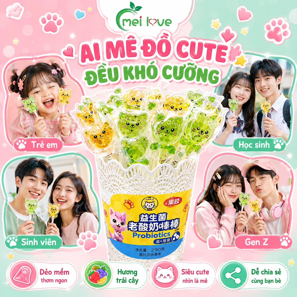 Kẹo Dẻo Cây Con Mèo Hương Trái Cây, Dẻo Mềm, Tạo Hình Mèo Đáng Yêu, Kẹo Ăn Vặt Cho Bé & Gia Đình