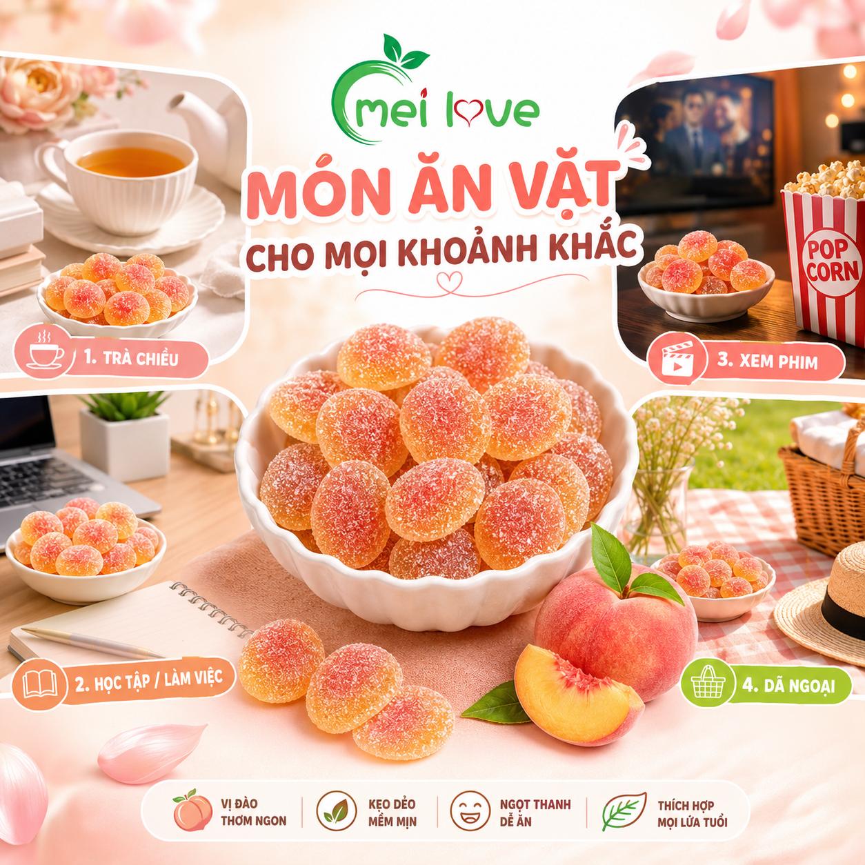 Kẹo Dẻo Đào Bọc Đường Hương Đào, Dẻo Mềm, Phủ Đường Hấp Dẫn, Kẹo Ăn Vặt Cho Bé & Gia Đình
