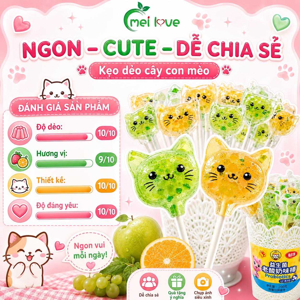 Kẹo Dẻo Cây Con Mèo Hương Trái Cây, Dẻo Mềm, Tạo Hình Mèo Đáng Yêu, Kẹo Ăn Vặt Cho Bé & Gia Đình