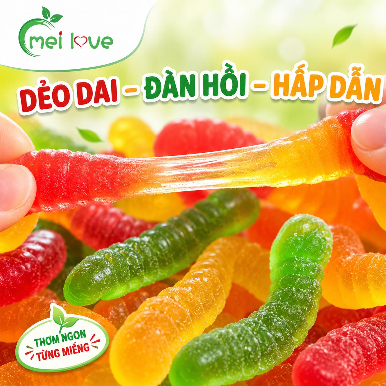 Kẹo Dẻo Giun Đa Sắc Hương Trái Cây, Dẻo Dai, Nhiều Màu Sắc, Kẹo Ăn Vặt Cho Bé & Gia Đình