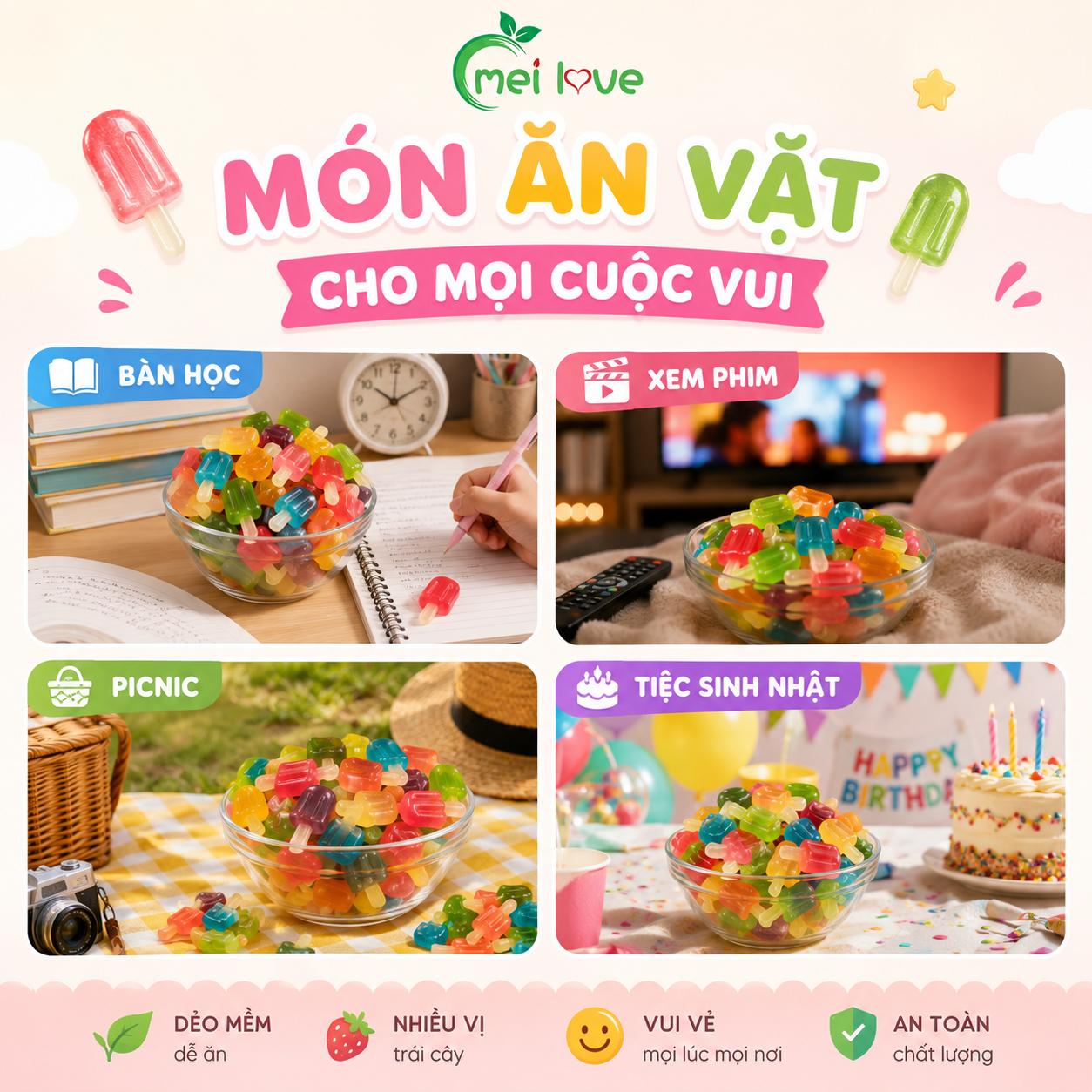 Kẹo Dẻo Cây Kem Hương Trái Cây, Dẻo Mềm, Nhiều Màu Sắc, Kẹo Ăn Vặt Cho Bé & Gia Đình