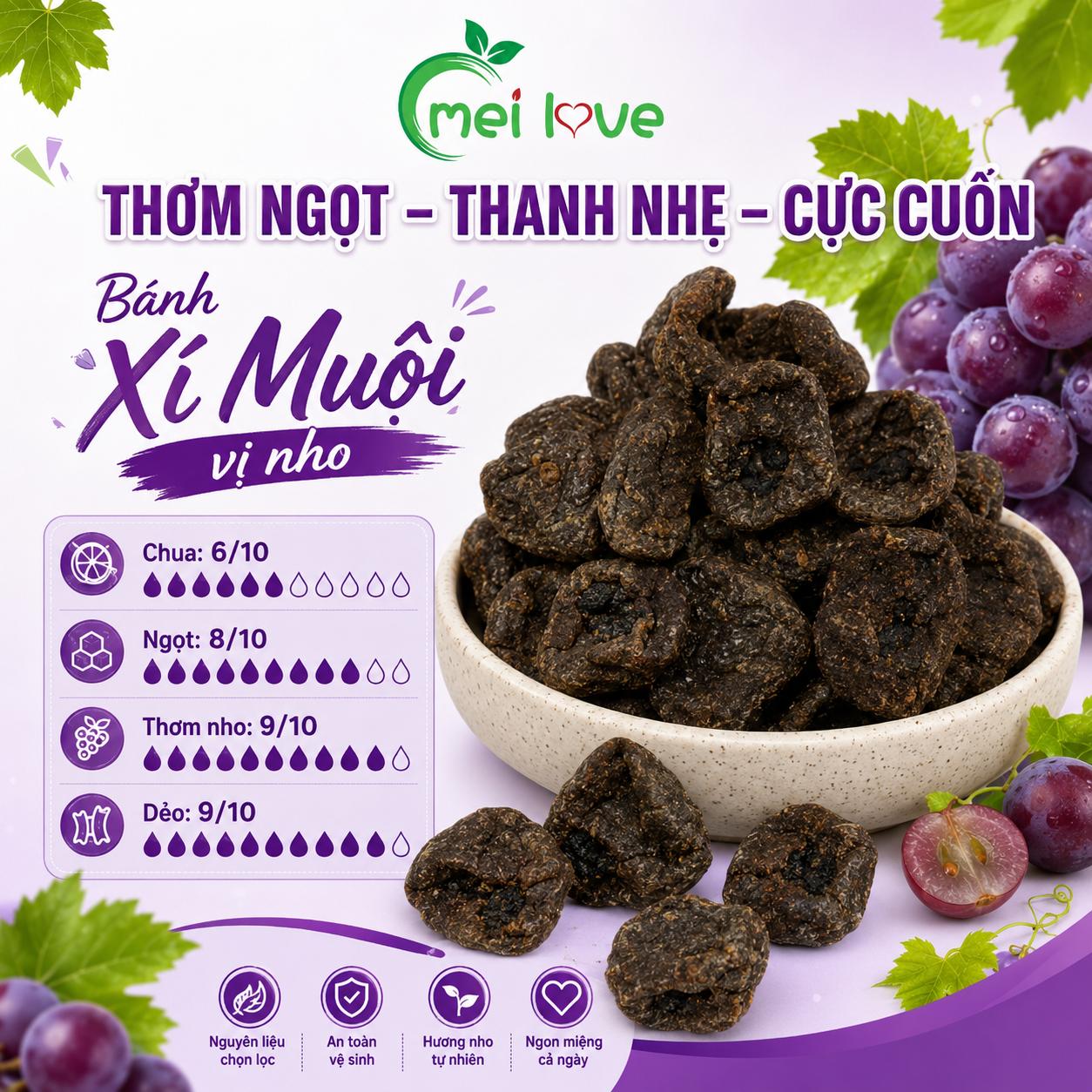 Bánh Xí Muội Vị Nho Cao Cấp, Dẻo Mềm, Chua Ngọt Hài Hòa, Hương Nho Thơm Dịu
