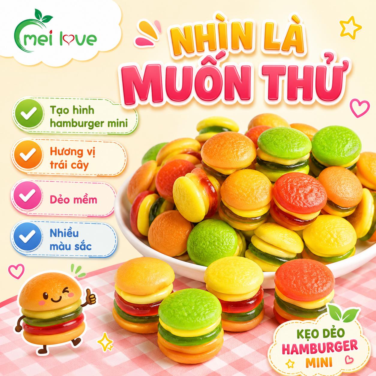Kẹo Dẻo Hamburger Hương Trái Cây – Dẻo Mềm, Tạo Hình Hamburger Mini, Kẹo Ăn Vặt Cho Bé & Gia Đình