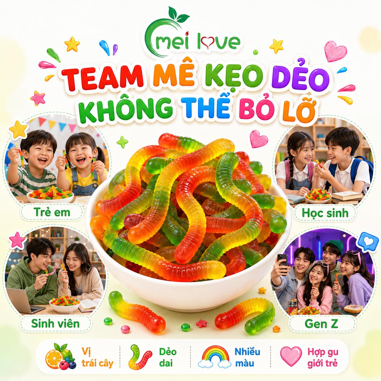 Kẹo Dẻo Sâu Cầu Vồng Hương Trái Cây, Dẻo Dai, Nhiều Màu Sắc, Kẹo Ăn Vặt Cho Bé & Gia Đình