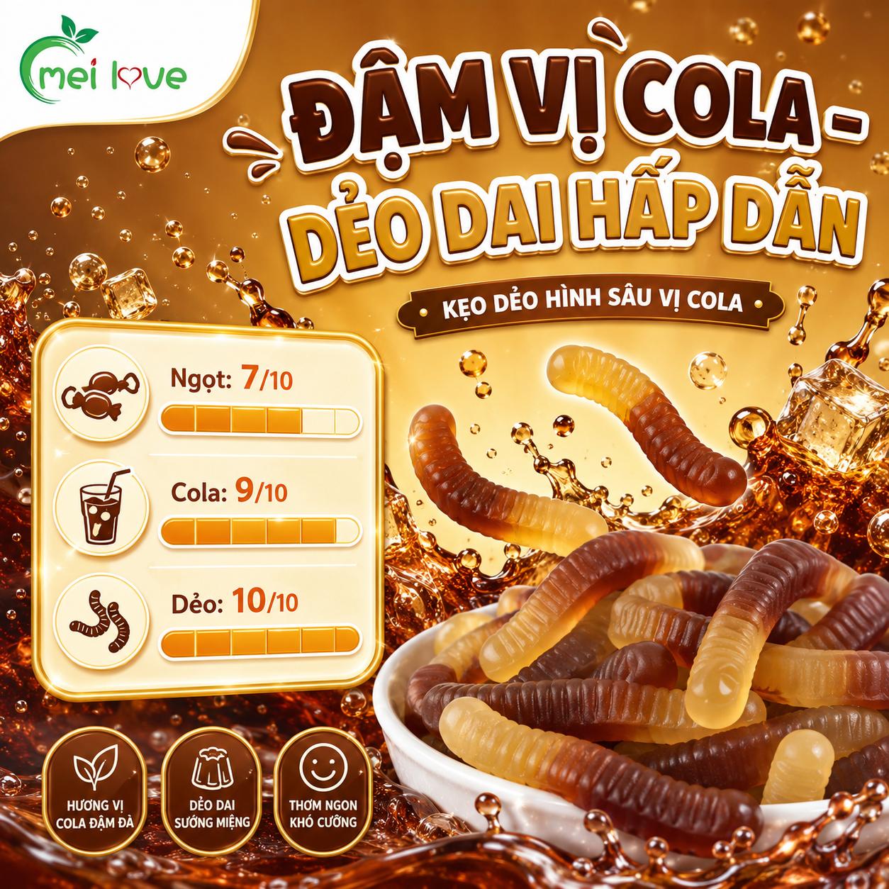 Kẹo Dẻo Sâu Vị Coca, Dẻo Dai, Hương Vị Cola Đậm Đà, Kẹo Ăn Vặt Hình Con Sâu Cho Bé & Gia Đình