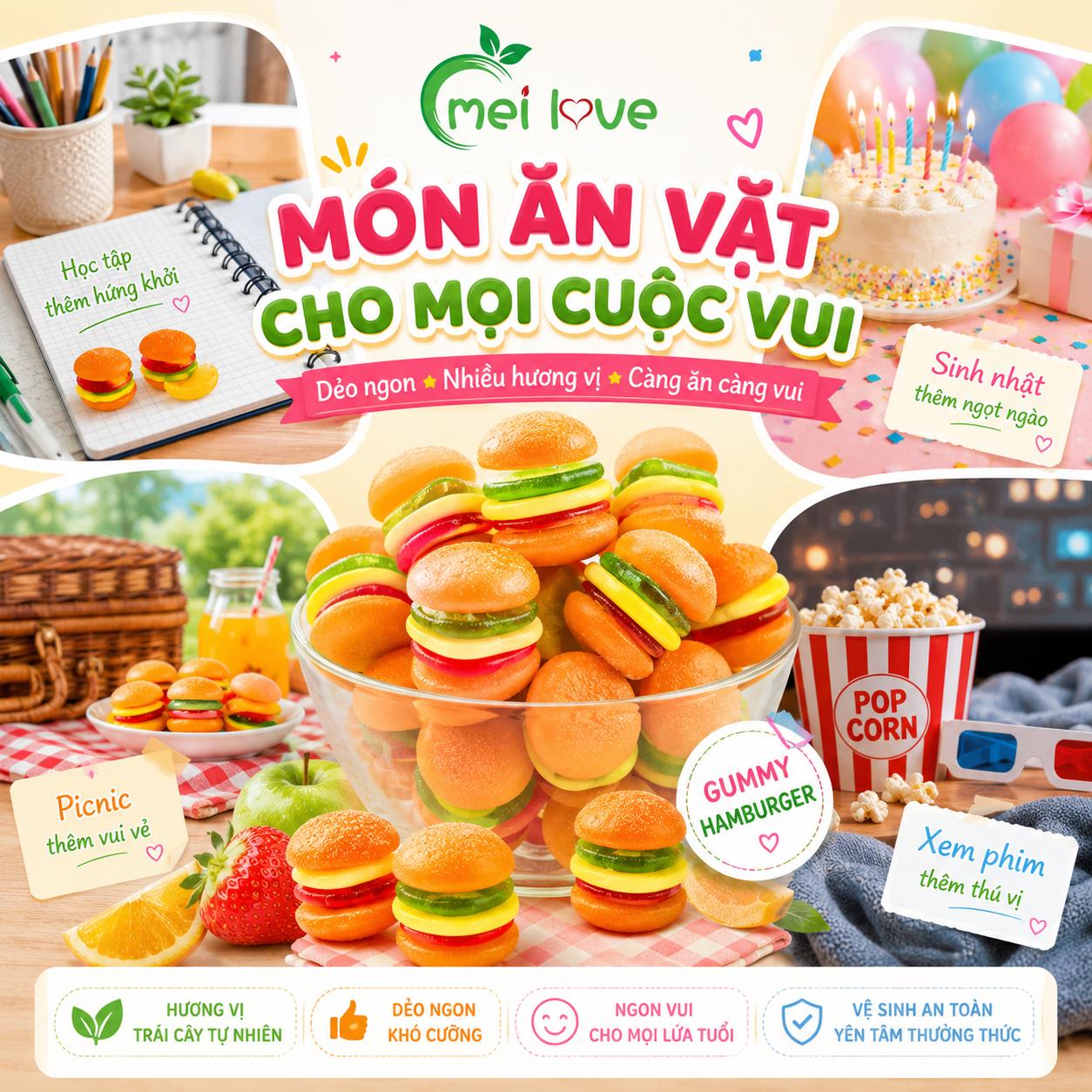 Kẹo Dẻo Hamburger Hương Trái Cây – Dẻo Mềm, Tạo Hình Hamburger Mini, Kẹo Ăn Vặt Cho Bé & Gia Đình