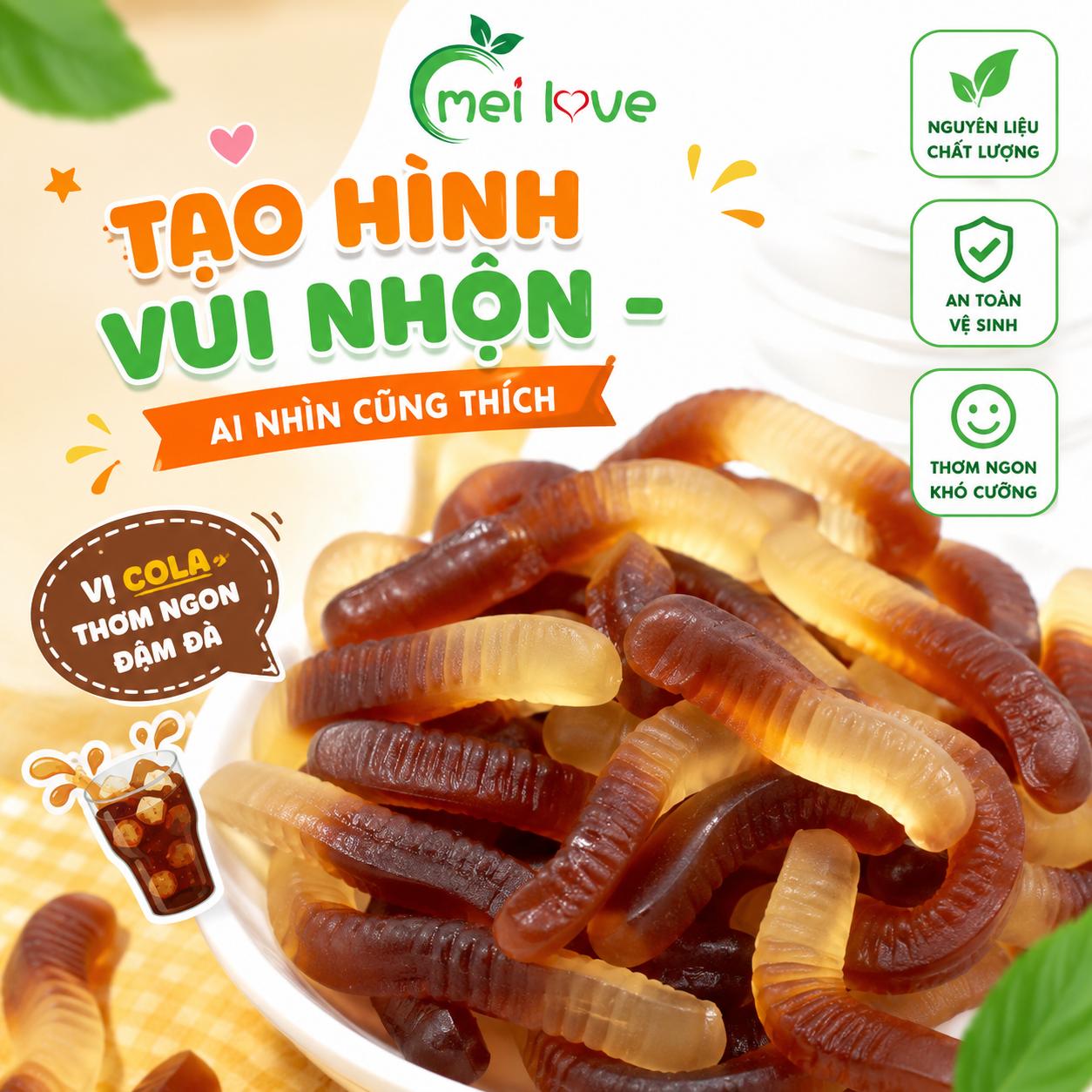 Kẹo Dẻo Sâu Vị Coca, Dẻo Dai, Hương Vị Cola Đậm Đà, Kẹo Ăn Vặt Hình Con Sâu Cho Bé & Gia Đình