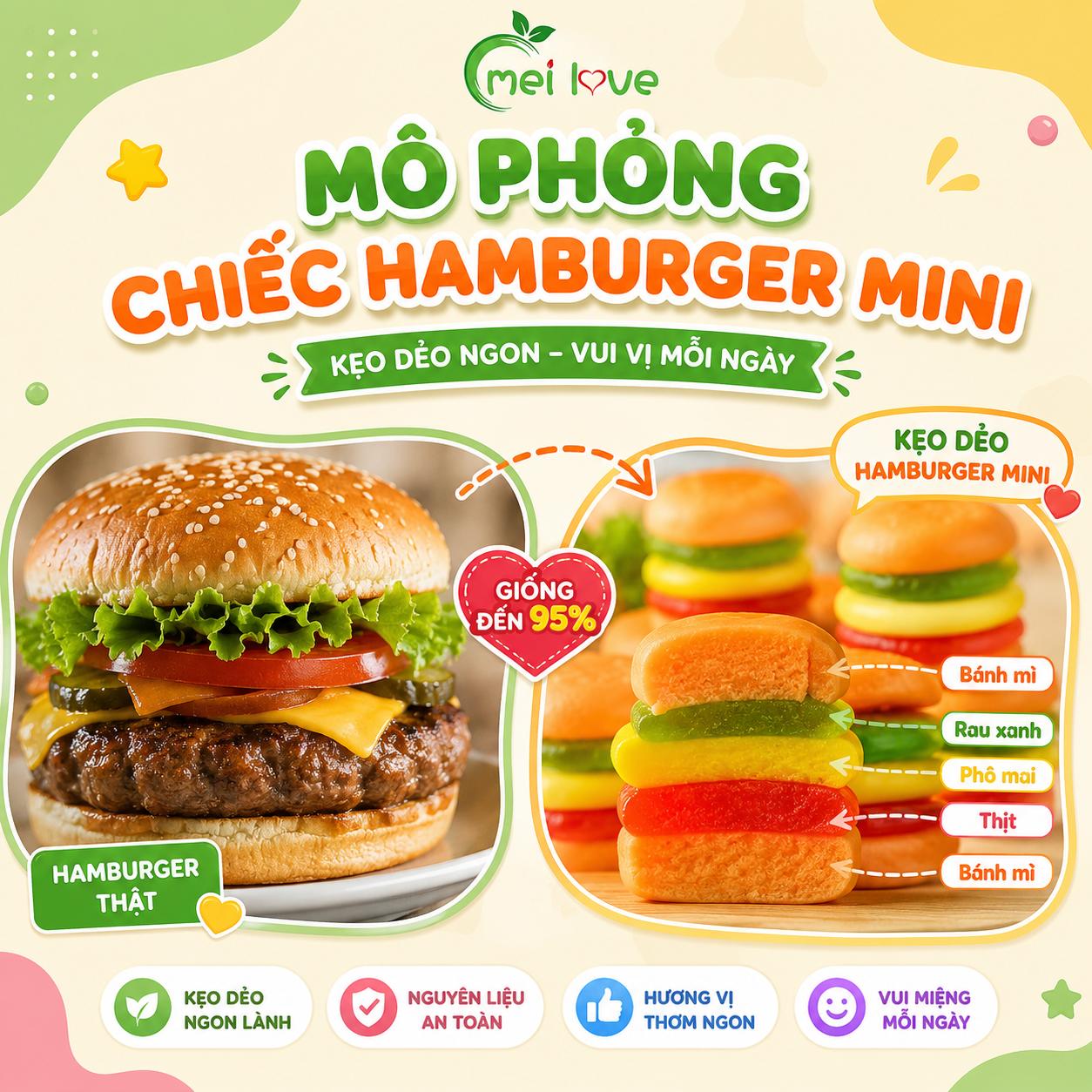 Kẹo Dẻo Hamburger Hương Trái Cây – Dẻo Mềm, Tạo Hình Hamburger Mini, Kẹo Ăn Vặt Cho Bé & Gia Đình