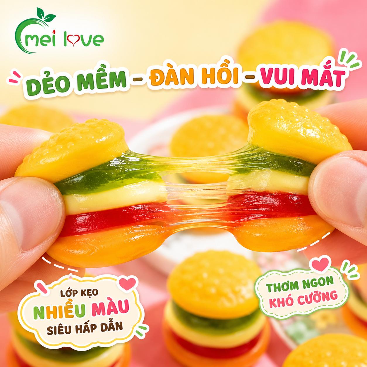 Kẹo Dẻo Hamburger Hương Trái Cây – Dẻo Mềm, Tạo Hình Hamburger Mini, Kẹo Ăn Vặt Cho Bé & Gia Đình