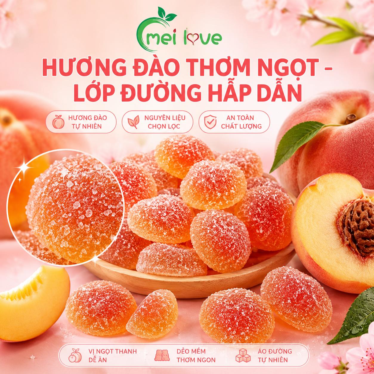Kẹo Dẻo Đào Bọc Đường Hương Đào, Dẻo Mềm, Phủ Đường Hấp Dẫn, Kẹo Ăn Vặt Cho Bé & Gia Đình