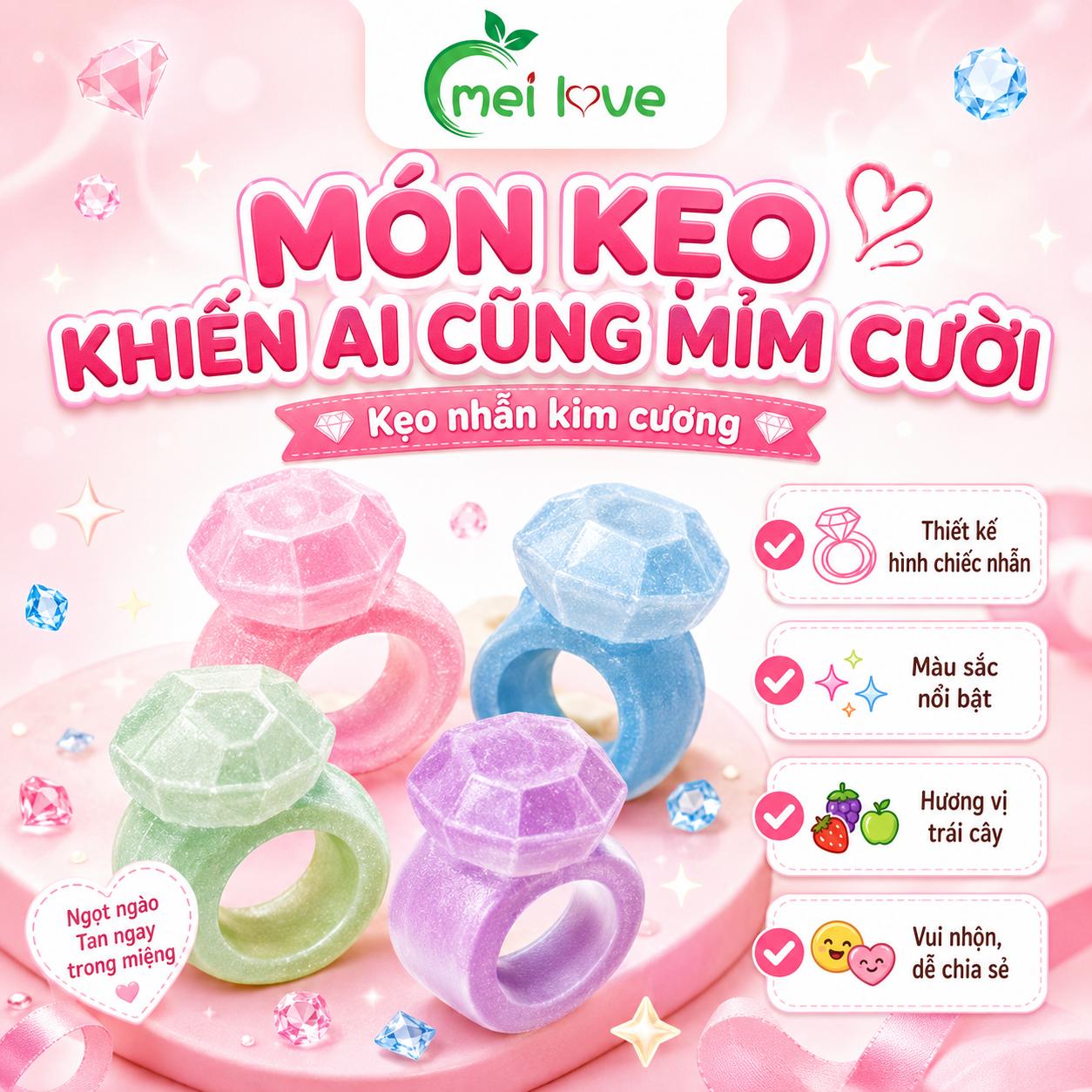 Kẹo Nhẫn Kim Cương Vị Trái Cây, Kẹo Hình Chiếc Nhẫn Độc Đáo, Kẹo Tuổi Thơ, Ăn Vặt & Quà Tặng