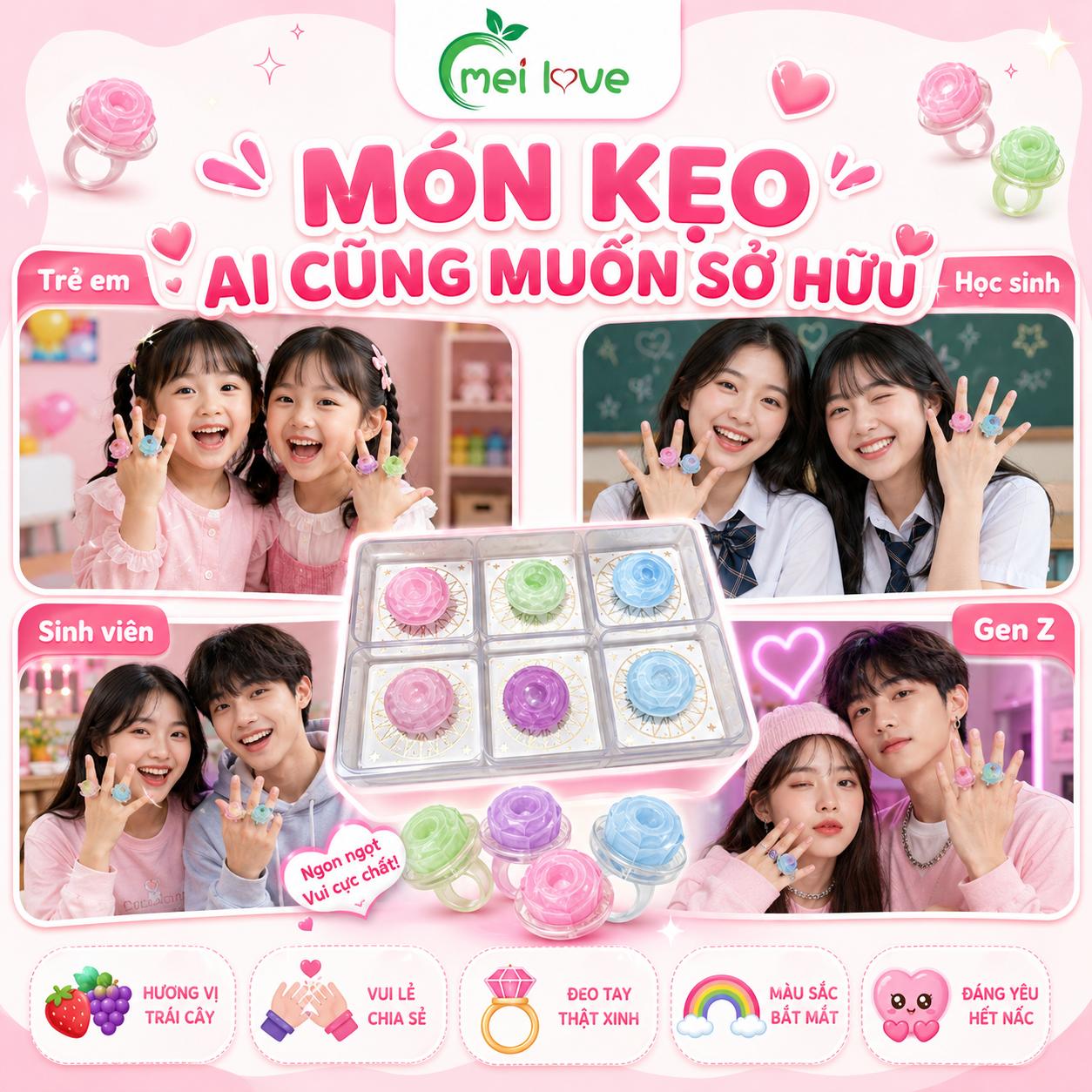 Kẹo Nhẫn Kim Cương Vị Trái Cây, Kẹo Hình Chiếc Nhẫn Độc Đáo, Kẹo Tuổi Thơ, Ăn Vặt & Quà Tặng