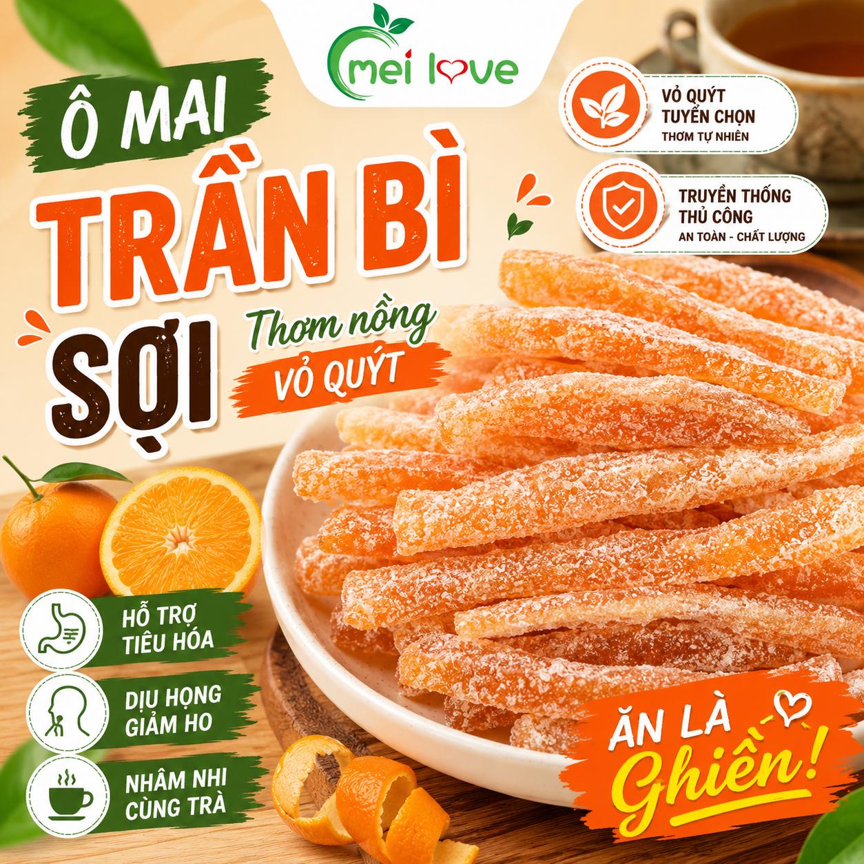 Ô Mai Trần Bì Sợi, Thơm Nồng Vỏ Quýt, Hỗ Trợ Tiêu Hóa, Dịu Họng, Ăn Vặt Dễ Ghiền