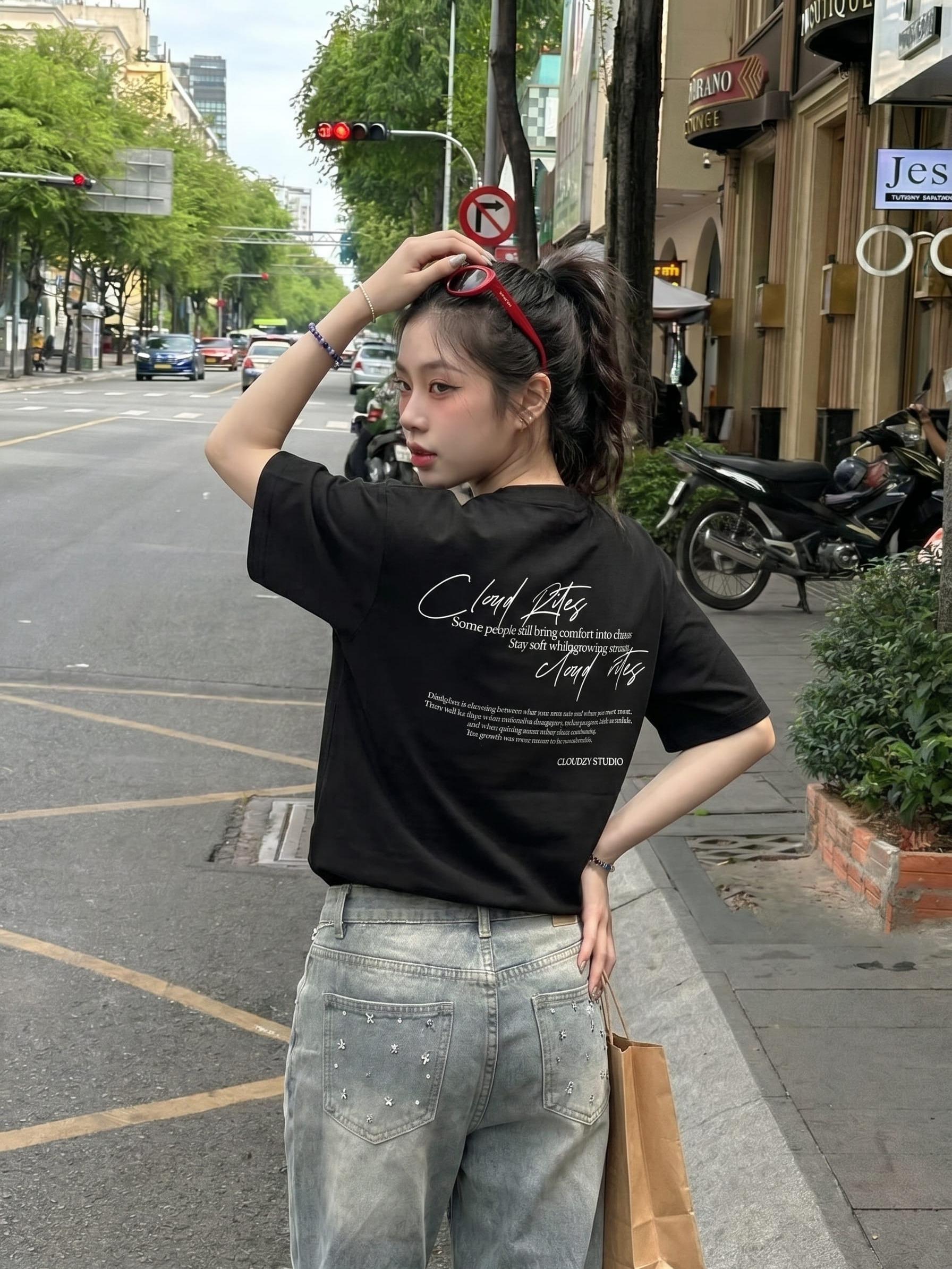 Áo thun boxy CLOUDZY in chữ ký cotton 250gsm dày dặn áo phông nam nữ form rộng hồng nâu đỏ unisex streetwear RITE