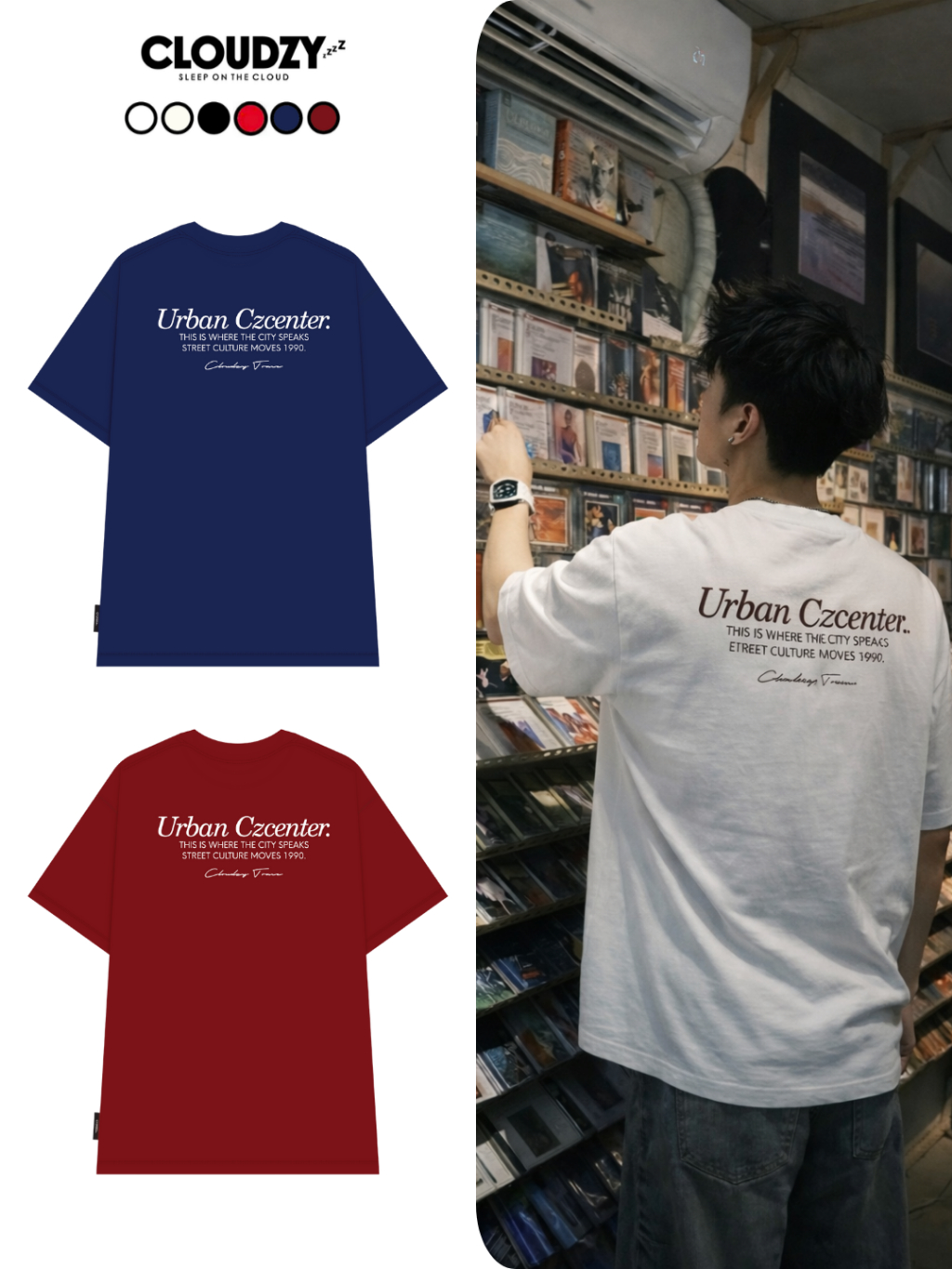Áo thun oversize CLOUDZY form oversize unisex 100% cotton 250GSM áo phông đi học phong cách streetwear CENTER