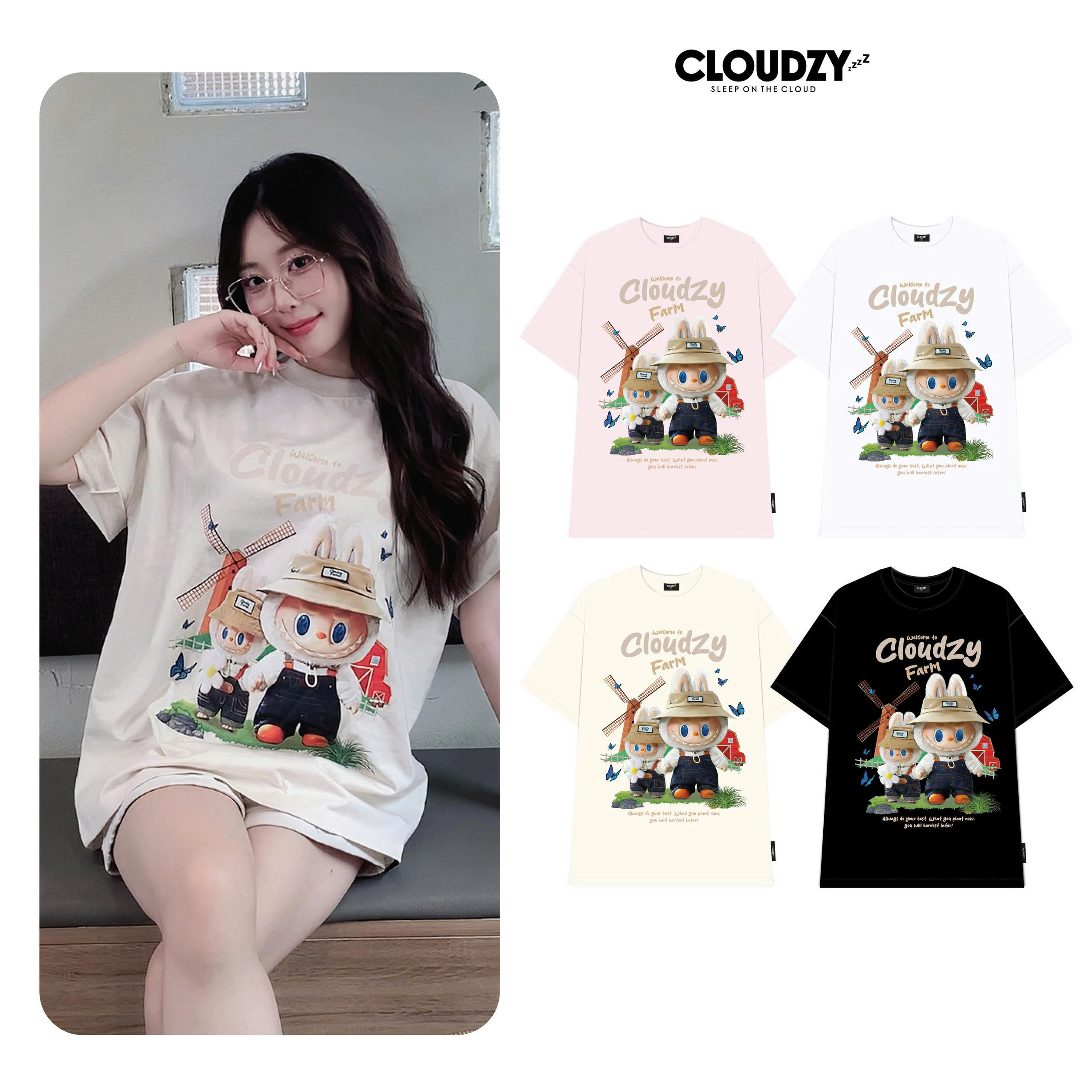 Áo thun nữ nam labubu basic unisex tay lỡ phông cotton localbrand CLOUDZY form rộng cổ tròn AT FARM