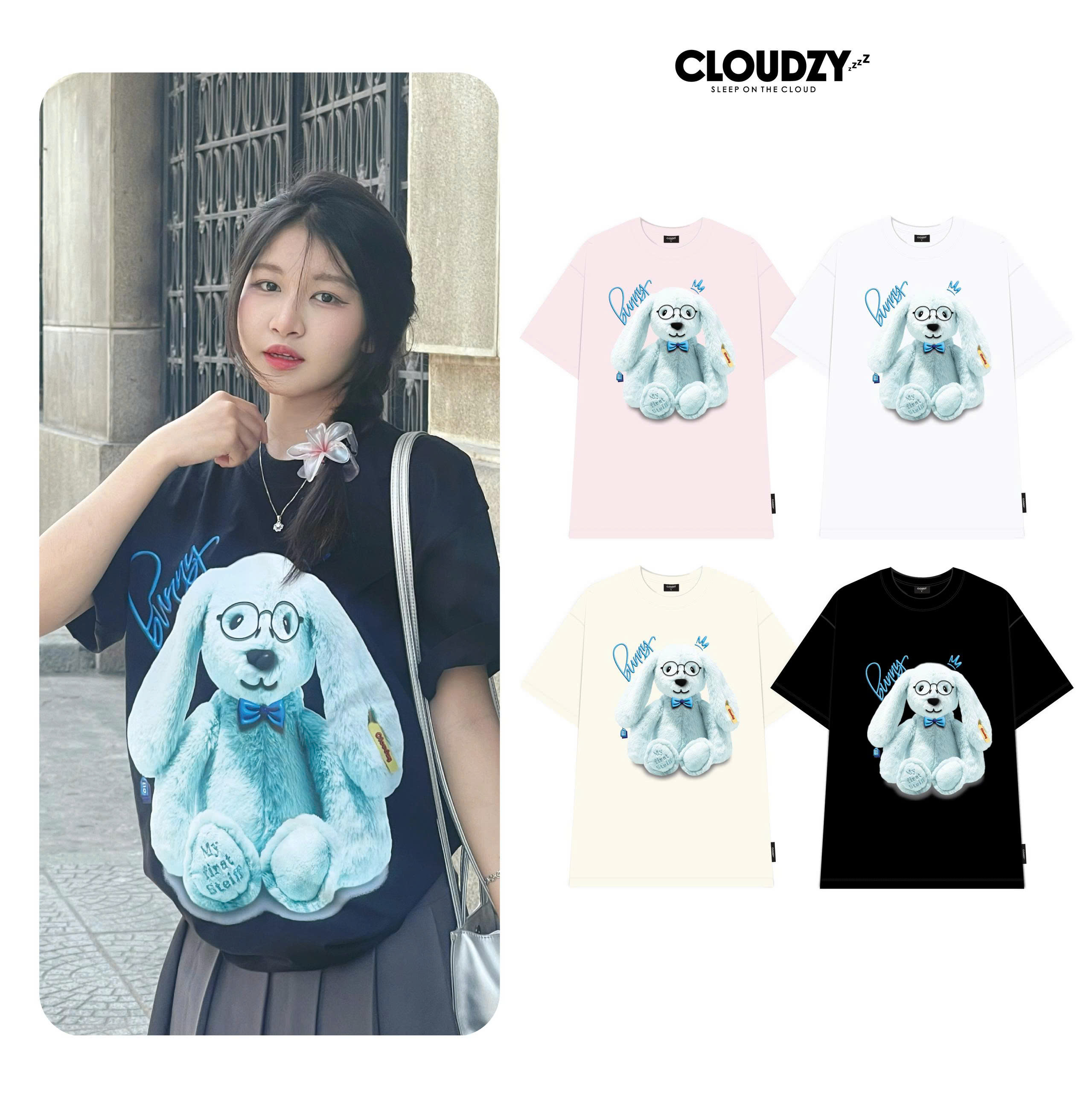 Áo thun nữ nam unisex tay lỡ phông local brand form rộng teen cổ tròn oversize BLUE BUNNY CLOUDZY