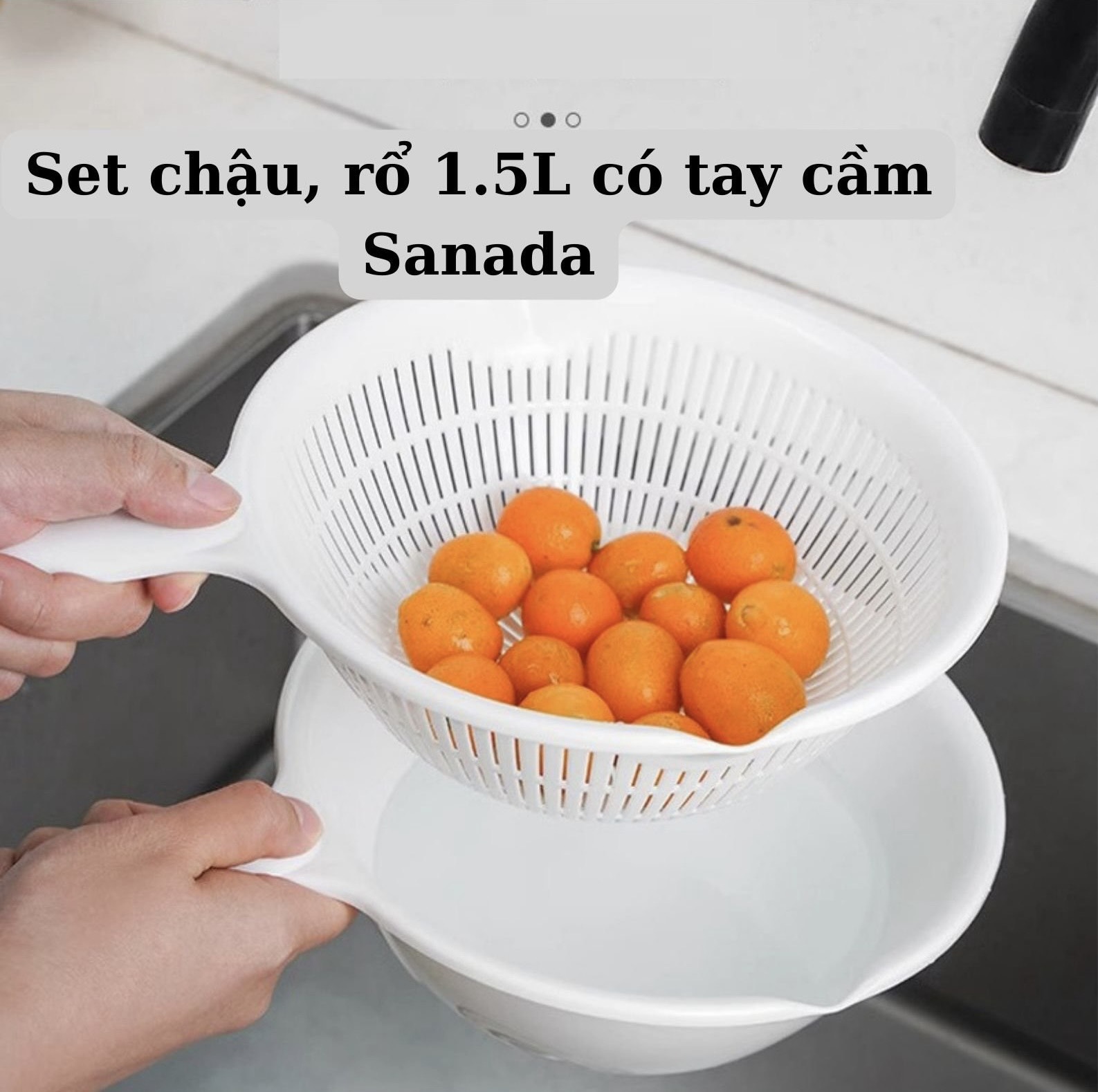 Bộ chậu rổ Sanada có tay cầm - trắng