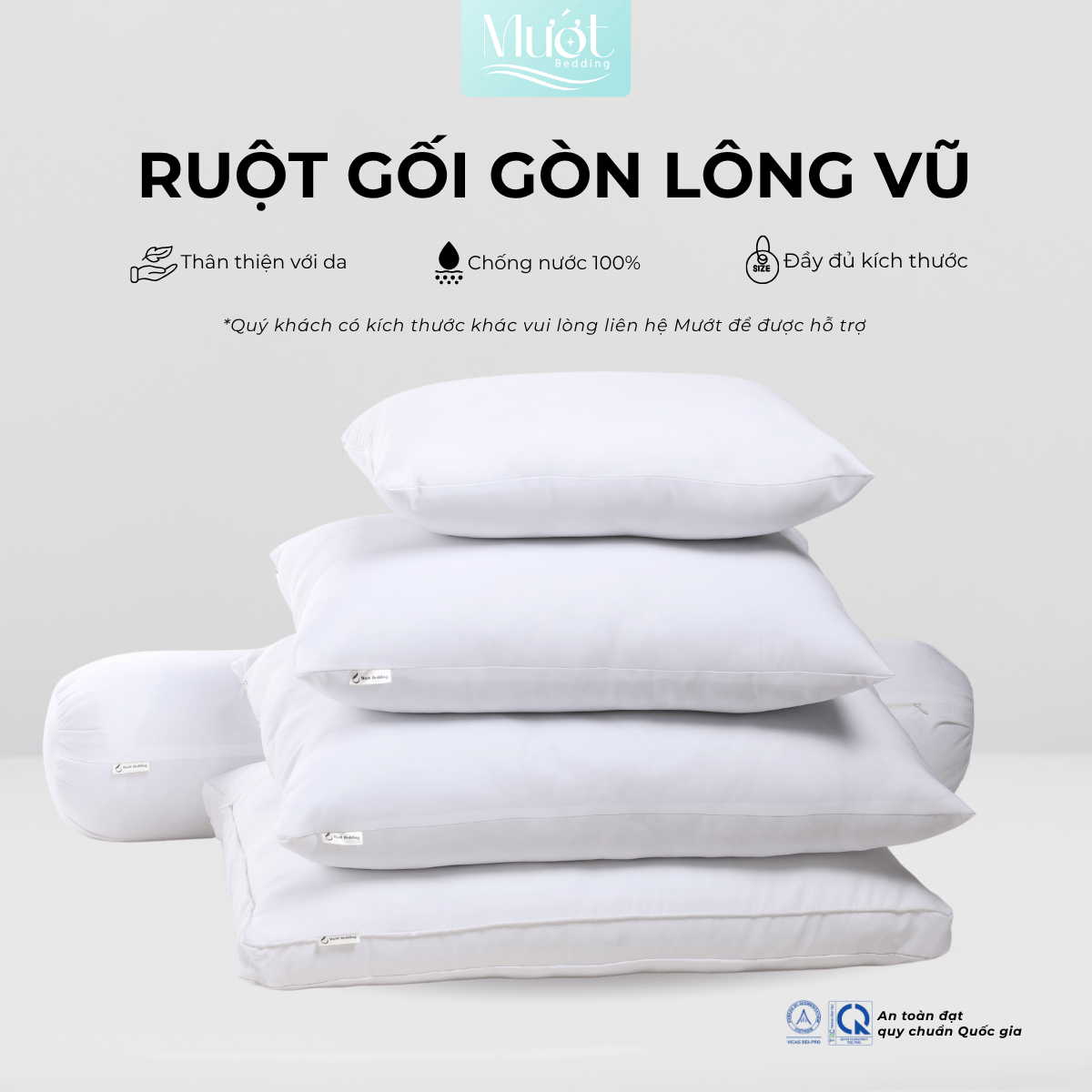 Gối nằm, gối ôm, ruột gối Mướt bedding chất liệu gòn lông vũ cao cấp đầy đủ size 35x50, 40x60, 50x70