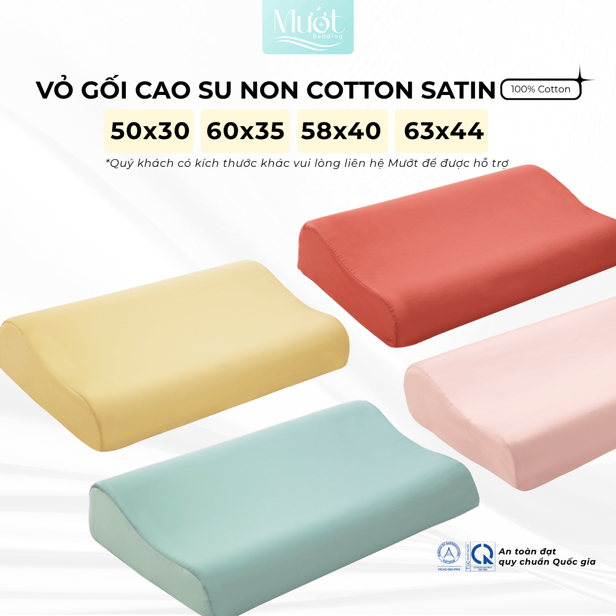 Vỏ gối cao su non Cotton Satin Mướt Bedding trơn màu cao cấp, bao áo gối Memory Foam đầy đủ size