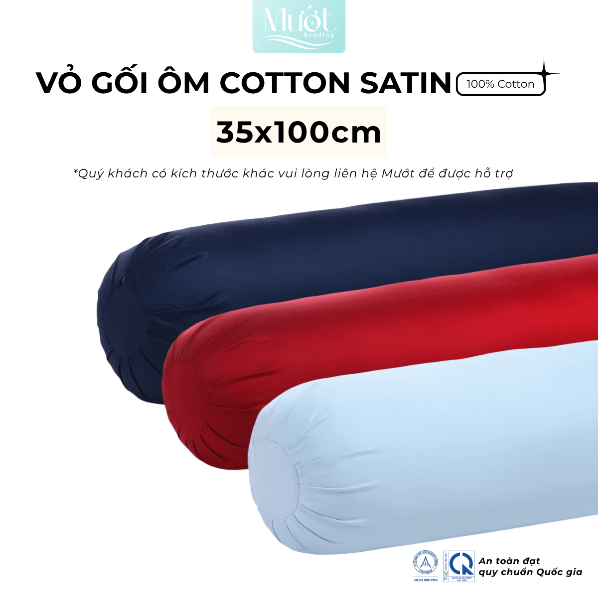 Vỏ gối ôm 100% Cotton Satin size 35x100 Mướt Bedding chất liệu áo gối ôm cao cấp, đa dạng màu