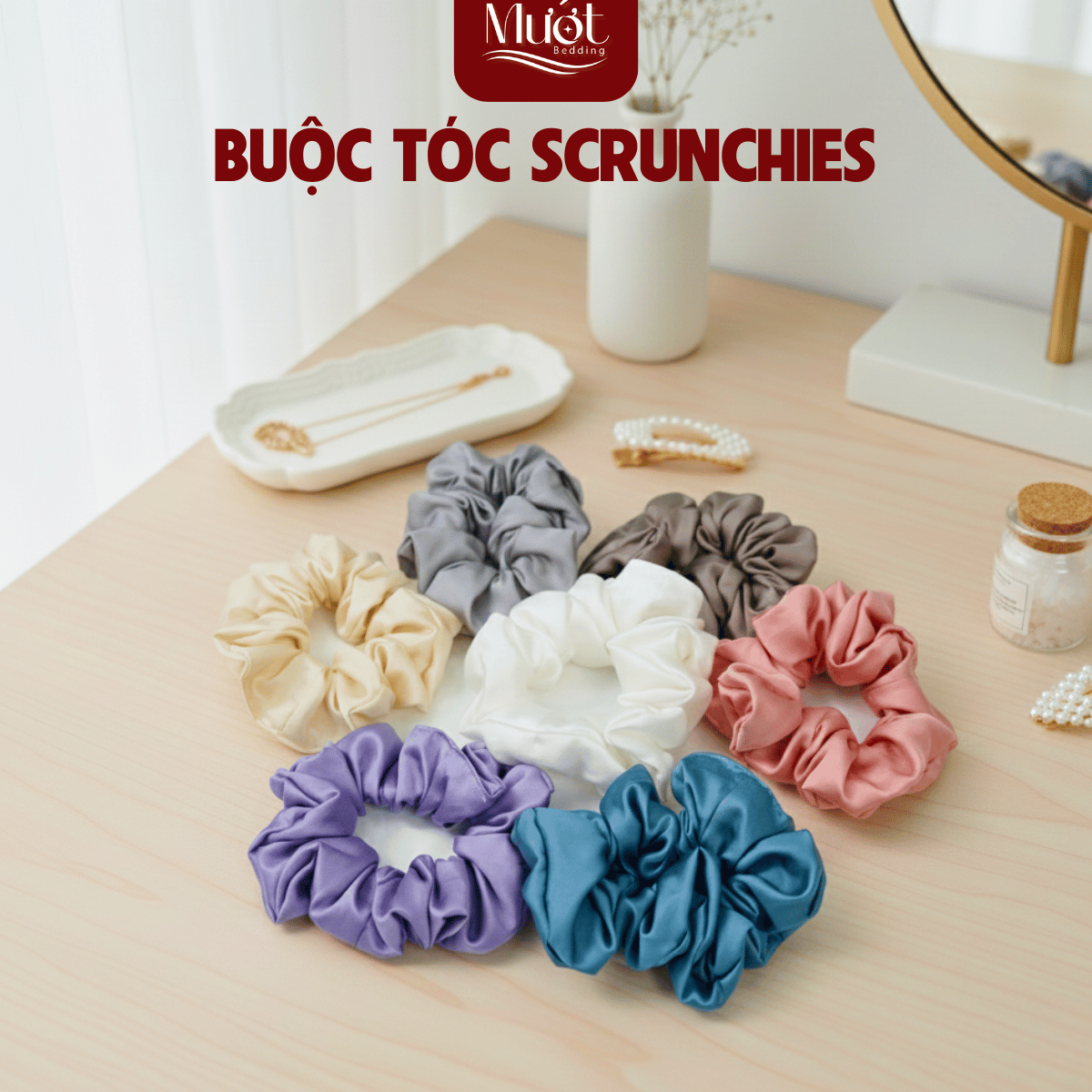 Dây buộc tóc Scrunchies Lụa Tencel 60s Mướt Bedding màu trơn, đẩy đủ màu sắc, lụa cao cấp mềm mại