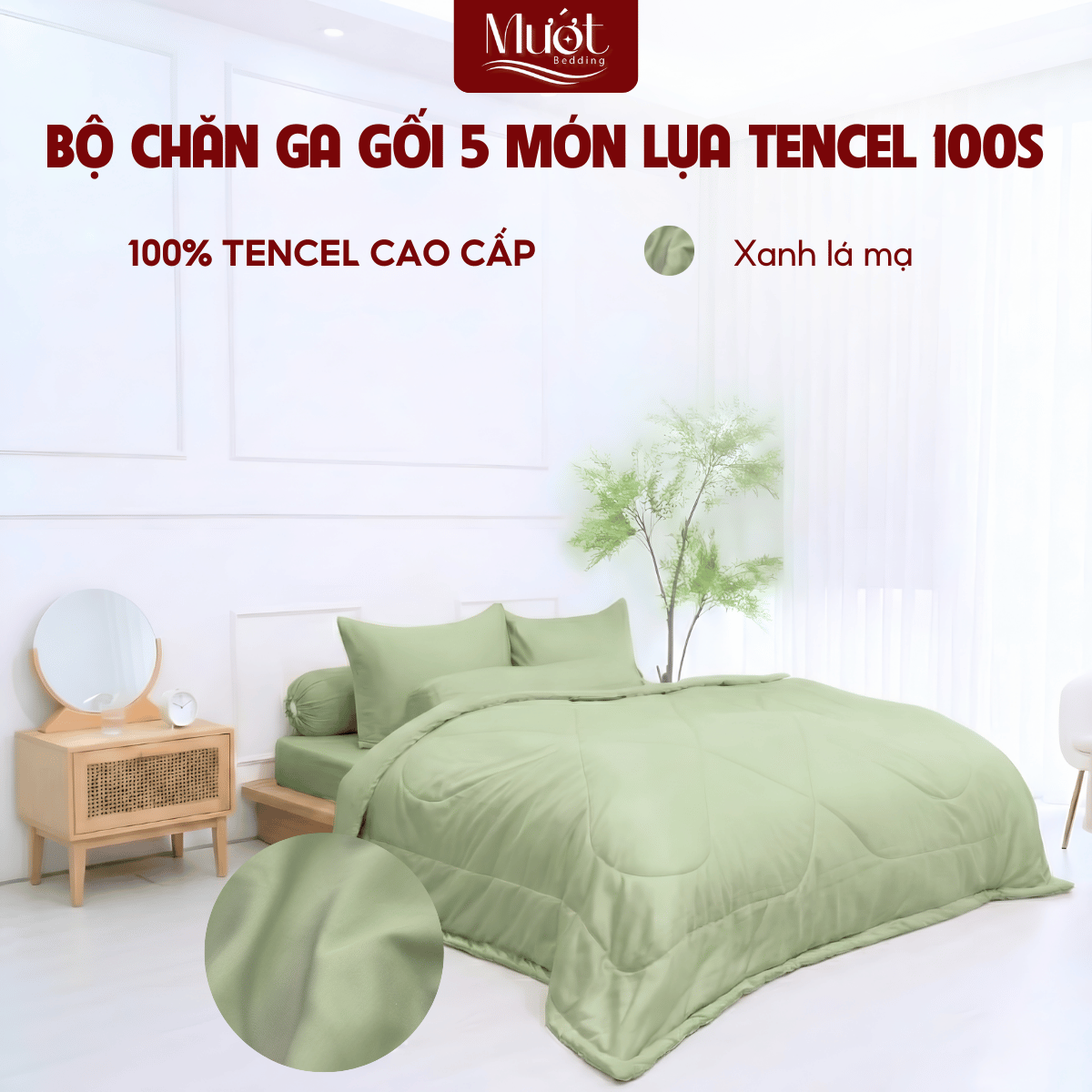 [Tencel 100s] Bộ chăn ga gối Lụa Tencel 100s 5 món cao cấp Mướt Bedding, chăn chần bông đầy đủ kích thước