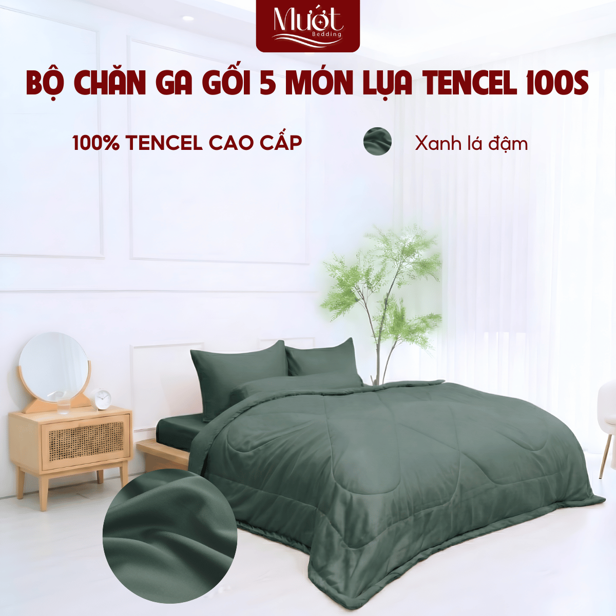 [Tencel 100s] Bộ chăn ga gối Lụa Tencel 100s 5 món cao cấp Mướt Bedding, chăn chần bông đầy đủ kích thước