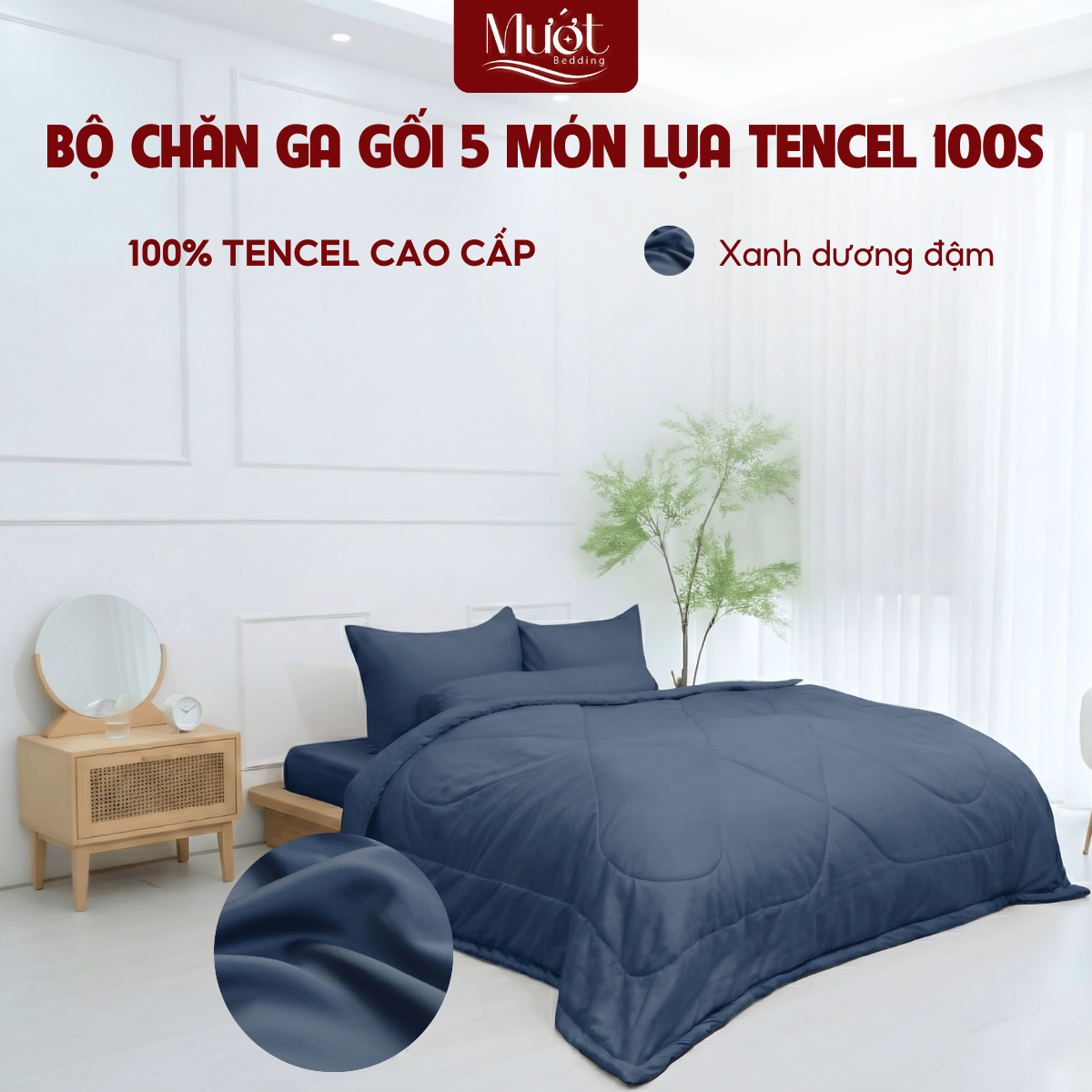 [Tencel 100s] Bộ chăn ga gối Lụa Tencel 100s 5 món cao cấp Mướt Bedding, chăn chần bông đầy đủ kích thước