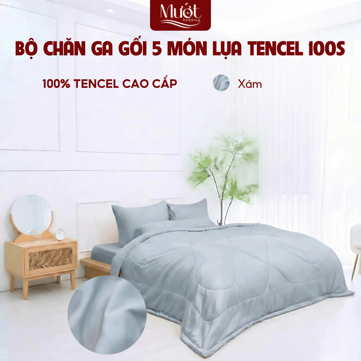 [Tencel 100s] Bộ chăn ga gối Lụa Tencel 100s 5 món cao cấp Mướt Bedding, chăn chần bông đầy đủ kích thước