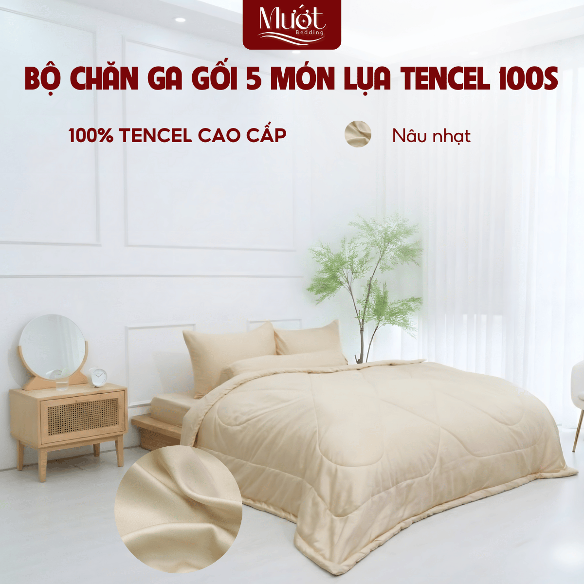 [Tencel 100s] Bộ chăn ga gối Lụa Tencel 100s 5 món cao cấp Mướt Bedding, chăn chần bông đầy đủ kích thước