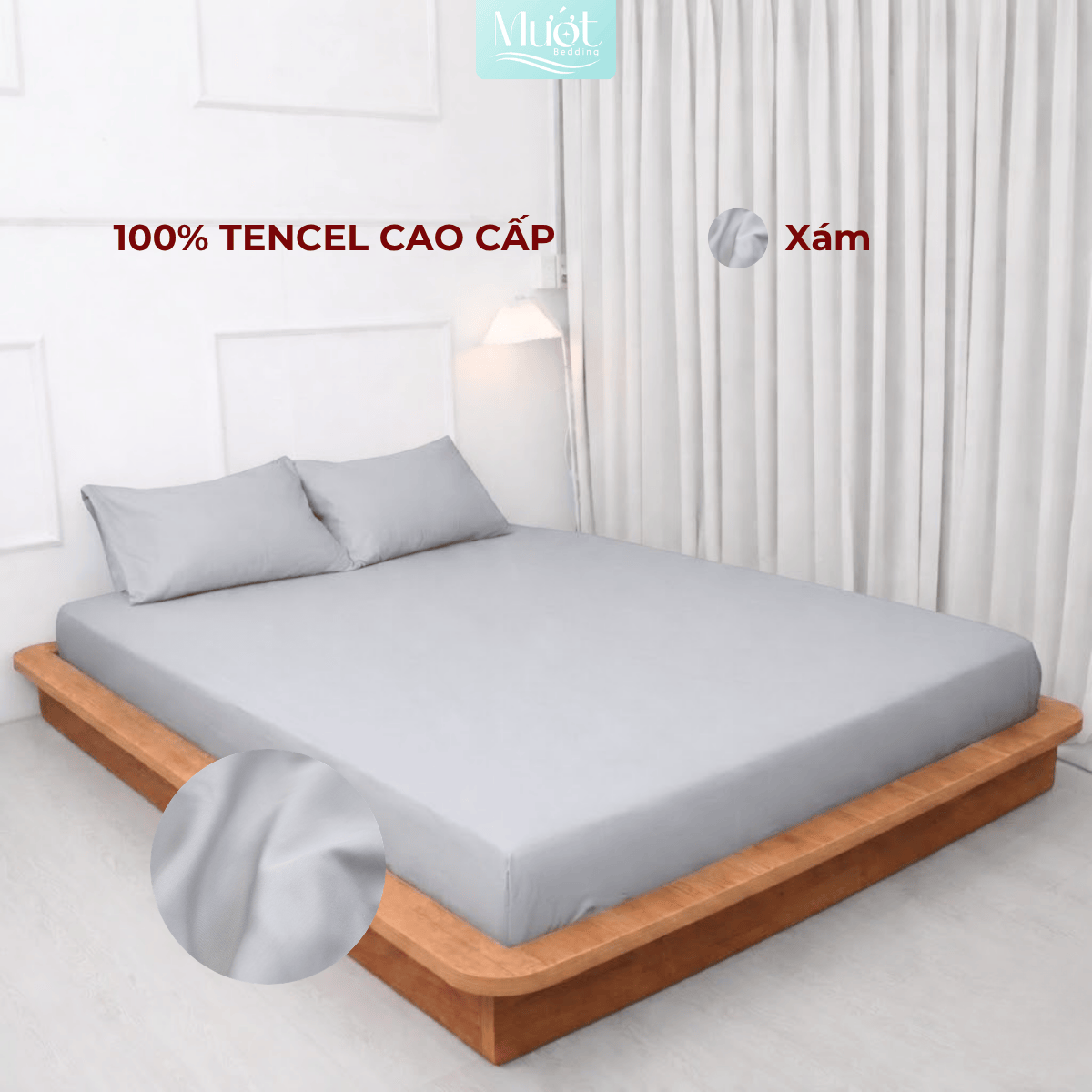 Bộ 3 món gối lụa 100% Tencel 60S trơn màu - Mướt Bedding, bộ 3 món cao cấp Xám 2m2x2m (Dày 35cm trở lên)