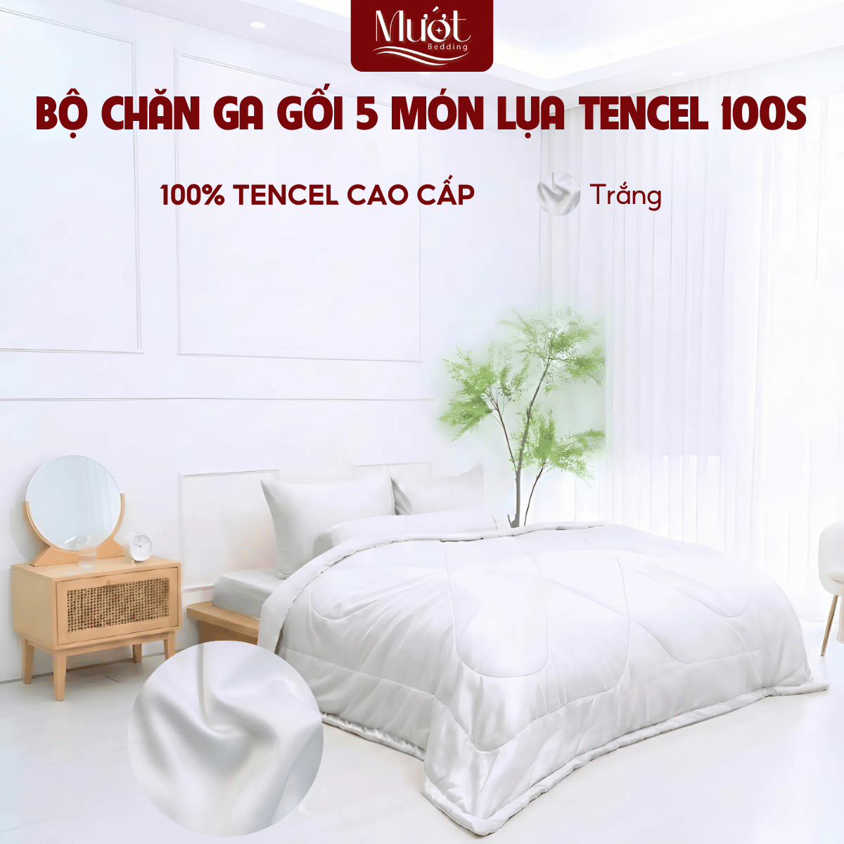 [Tencel 100s] Bộ chăn ga gối Lụa Tencel 100s 5 món cao cấp Mướt Bedding, chăn chần bông đầy đủ kích thước