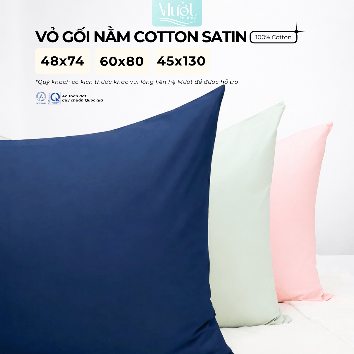Vỏ gối nằm Cotton Satin trơn size 48x74cm 60x80cm 45x130cm Mướt Bedding, thấm hút mồ hôi, dùng cho gia đình, khách sạn