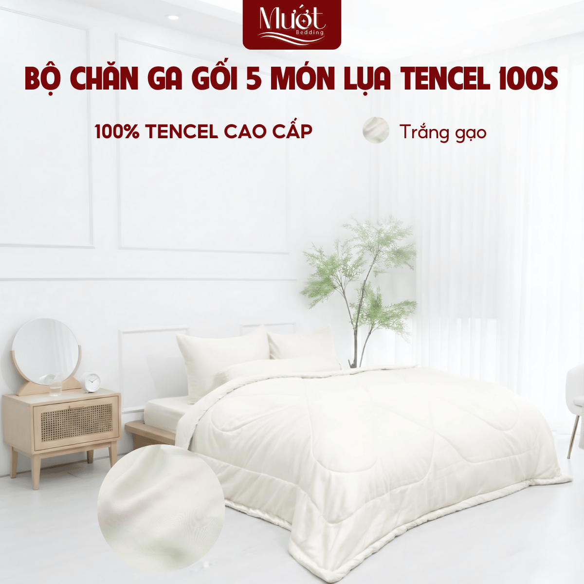 [Tencel 100s] Bộ chăn ga gối Lụa Tencel 100s 5 món cao cấp Mướt Bedding, chăn chần bông đầy đủ kích thước