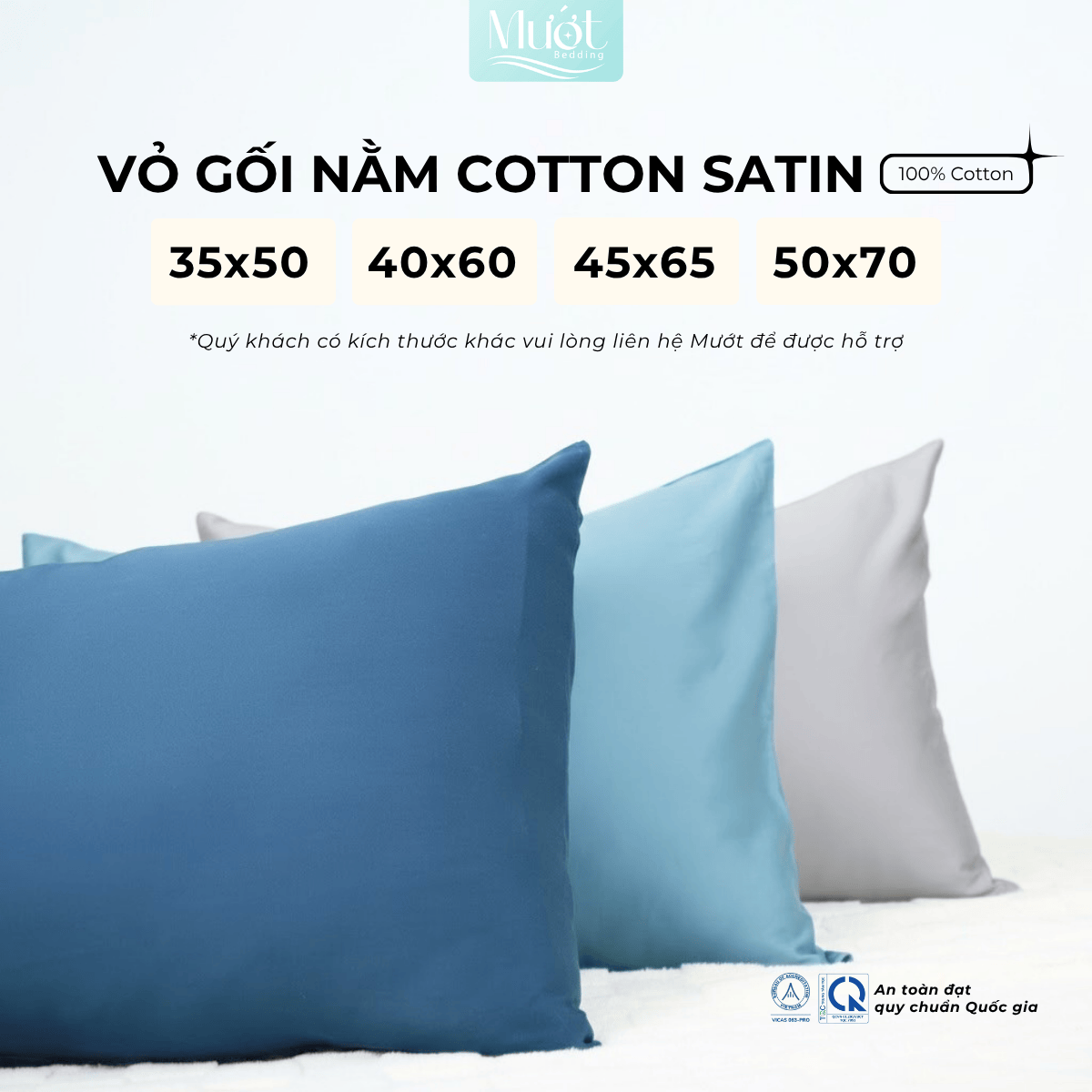Vỏ gối nằm Cotton Satin trơn size 50x70cm 45x65cm 40x60cm 35x50cm Mướt Bedding, thấm hút mồ hôi, dùng cho gia đình, khách sạn