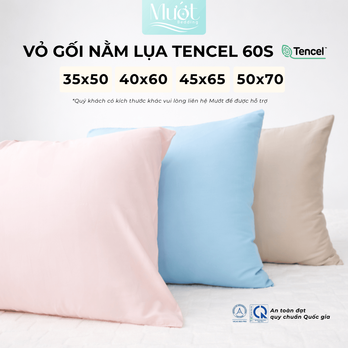 Vỏ gối nằm Lụa Tencel 60s trơn màu 50x70cm, 45x65cm, 40x60cm, 35x50cm Mướt Bedding áo gối 100% Tencel, mềm, mịn, thoáng mát