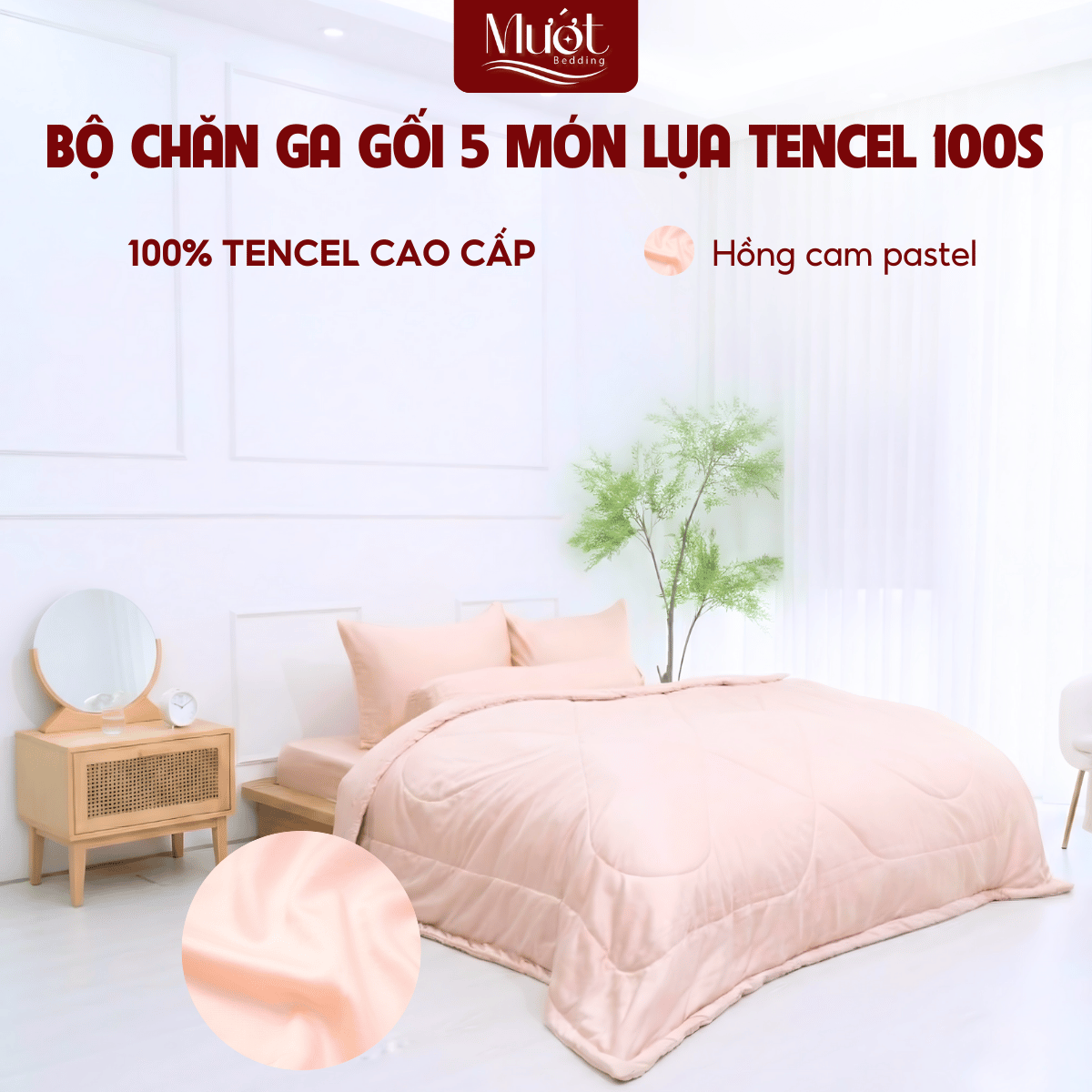 [Tencel 100s] Bộ chăn ga gối Lụa Tencel 100s 5 món cao cấp Mướt Bedding, chăn chần bông đầy đủ kích thước