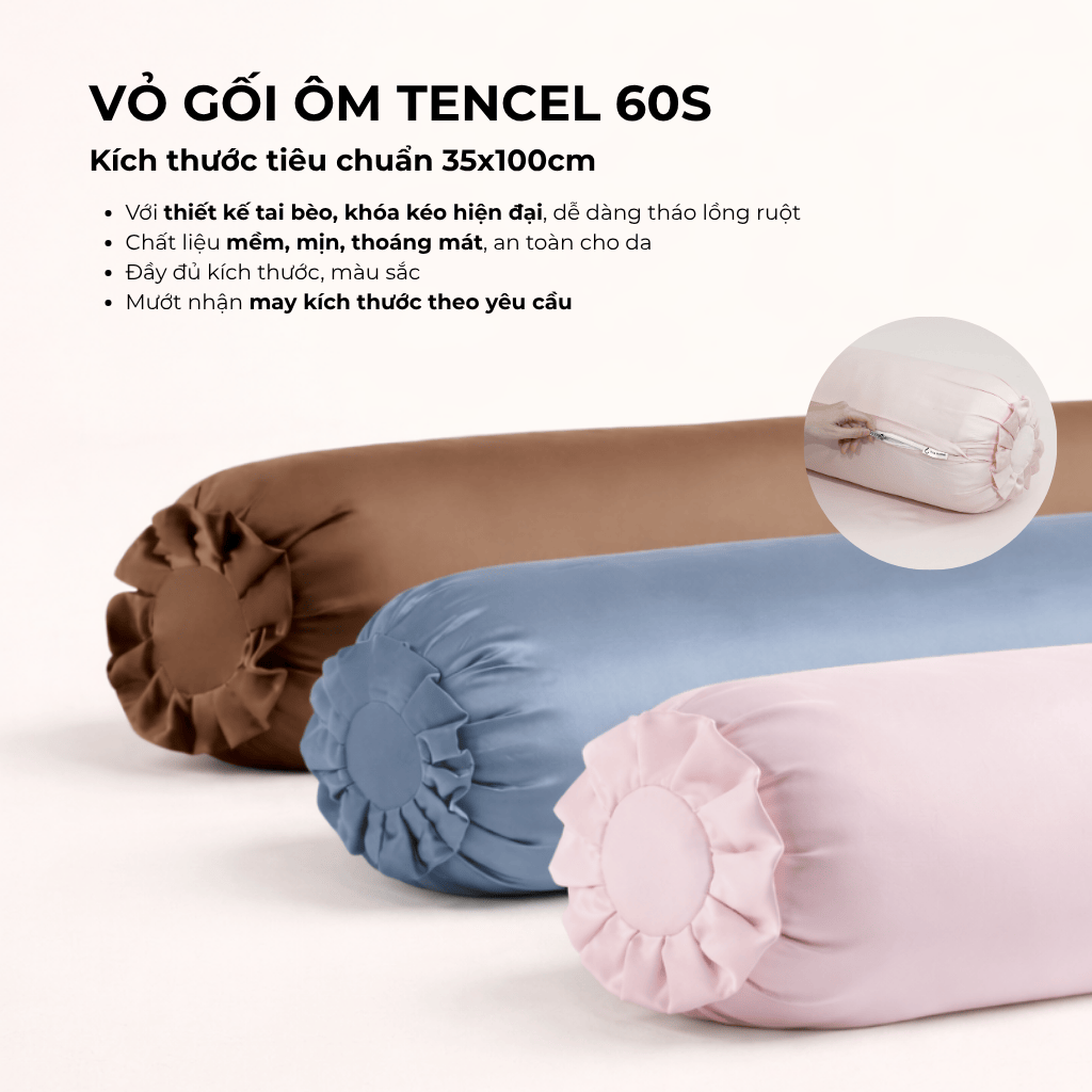 Vỏ Gối Ôm Lụa Tencel 60s Size 35x100cm Màu Trơn, Nhiều màu, Dây kéo khoá Mướt bedding, mềm, mịn, thoáng mát