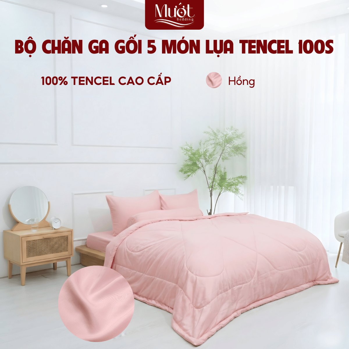 [Tencel 100s] Bộ chăn ga gối Lụa Tencel 100s 5 món cao cấp Mướt Bedding, chăn chần bông đầy đủ kích thước