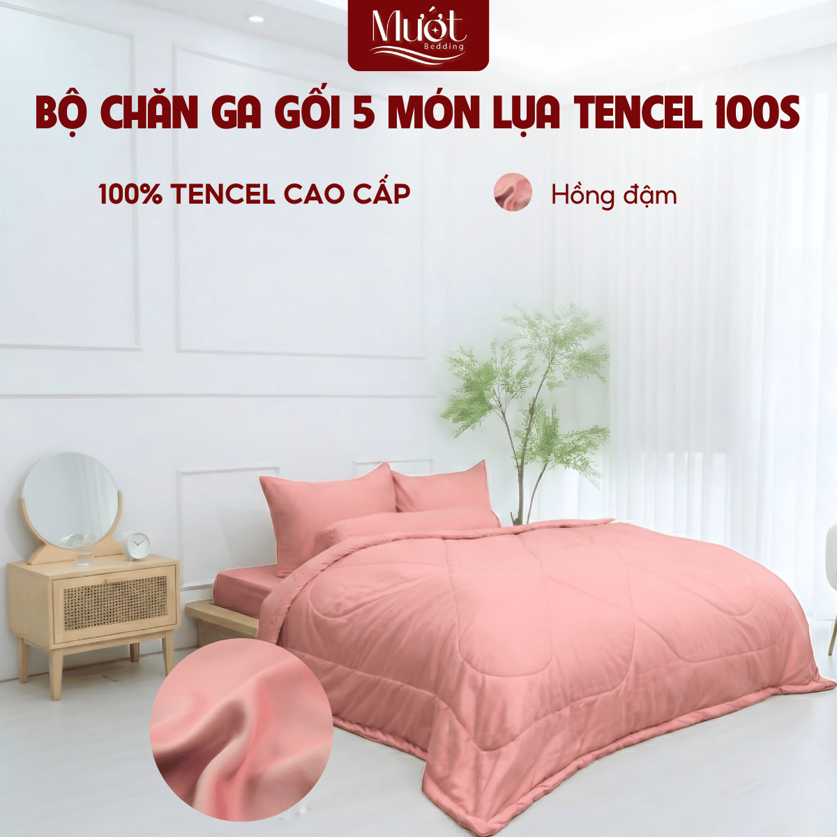 [Tencel 100s] Bộ chăn ga gối Lụa Tencel 100s 5 món cao cấp Mướt Bedding, chăn chần bông đầy đủ kích thước