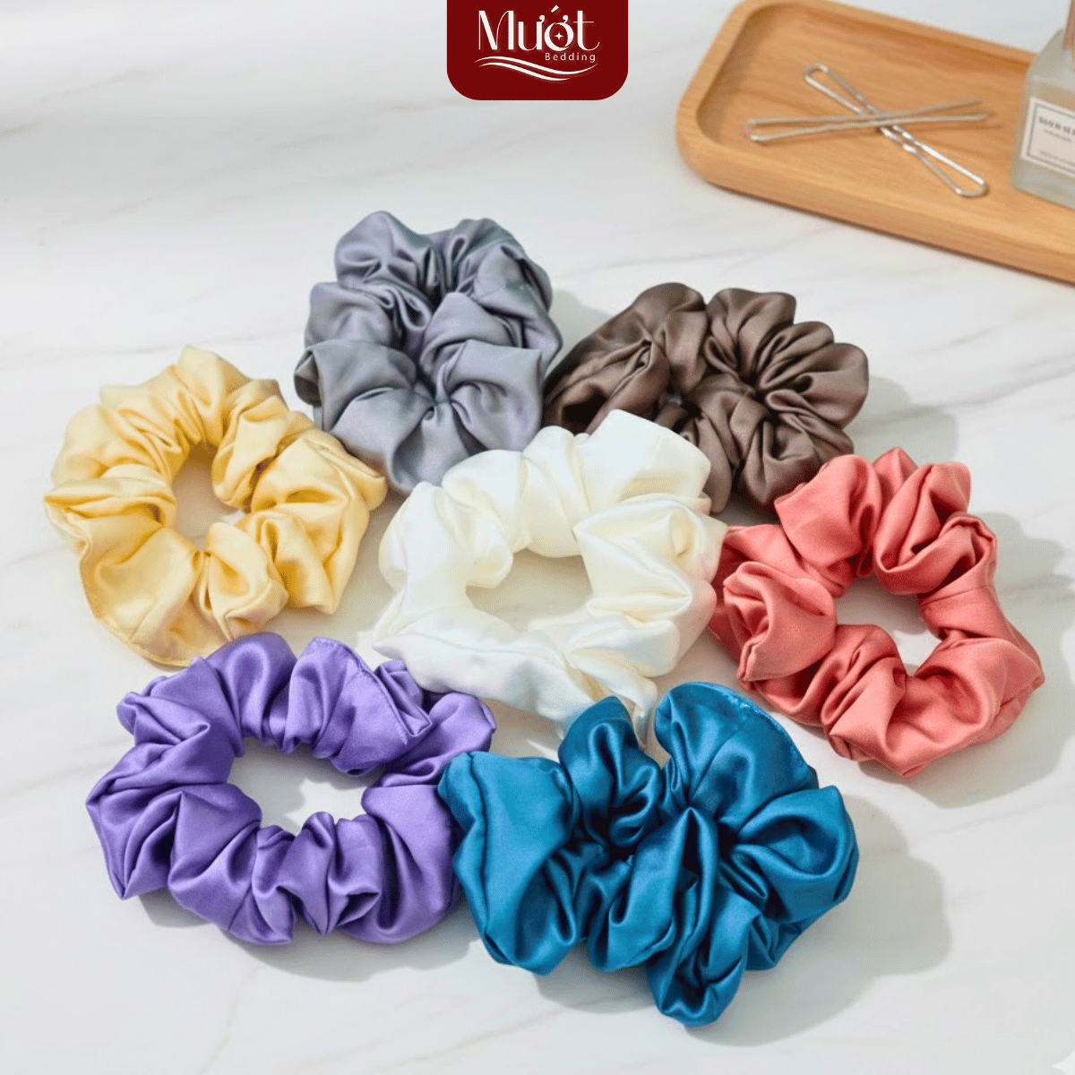 Dây buộc tóc Scrunchies Lụa Tencel 60s Mướt Bedding màu trơn, đẩy đủ màu sắc, lụa cao cấp mềm mại