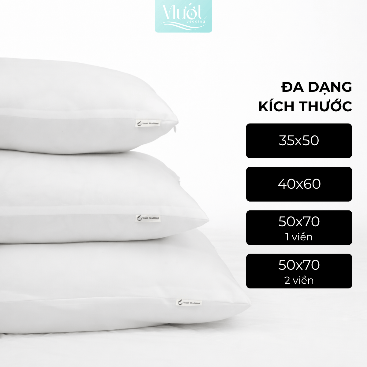 Gối nằm, gối ôm, ruột gối Mướt bedding chất liệu gòn lông vũ cao cấp đầy đủ size 35x50, 40x60, 50x70