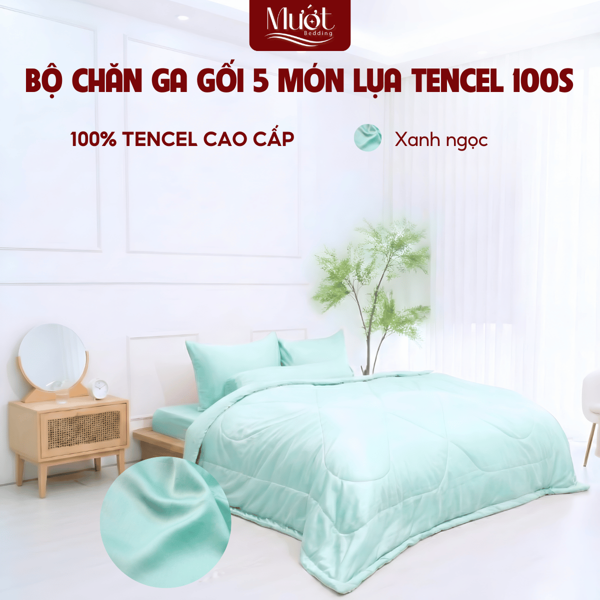 [Tencel 100s] Bộ chăn ga gối Lụa Tencel 100s 5 món cao cấp Mướt Bedding, chăn chần bông đầy đủ kích thước