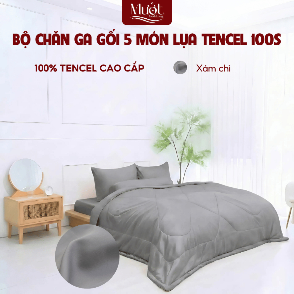 [Tencel 100s] Bộ chăn ga gối Lụa Tencel 100s 5 món cao cấp Mướt Bedding, chăn chần bông đầy đủ kích thước - Nâu xám chì - 1m8x2m (Dày 5-22cm)