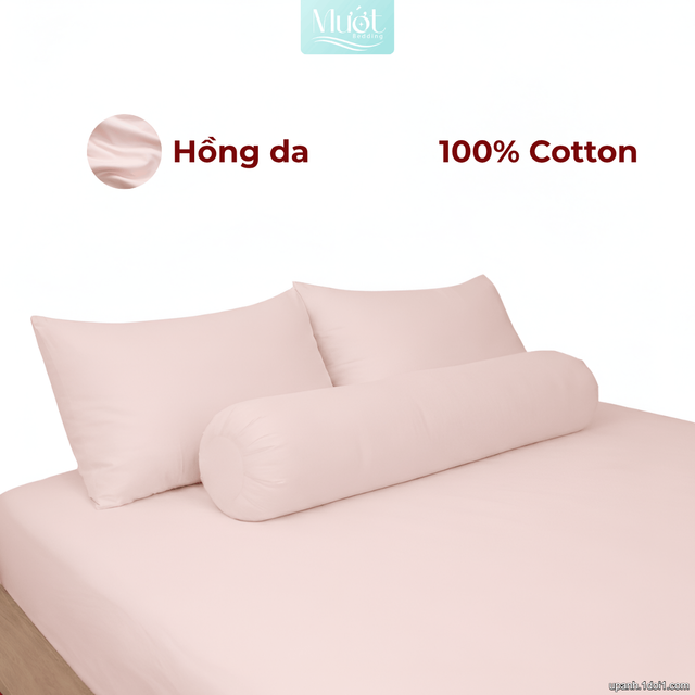 Bộ ga gối lụa Cotton Satin trơn màu - Mướt Bedding, bộ 4 món cao cấp Hồng da 1m2x2m (Dày 23-35cm)