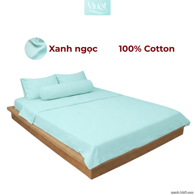 Bộ 5 món ga gối lụa ( vỏ chăn )Cotton Satin trơn màu - Mướt Bedding, bộ 5 món cao cấp Xanh ngọc 2m2x2m (Dày 35cm trở lên)