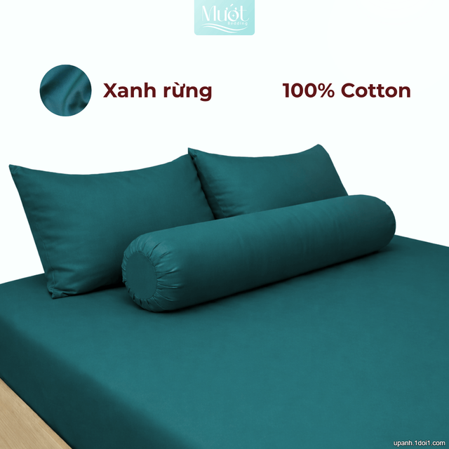 Bộ ga gối lụa Cotton Satin trơn màu - Mướt Bedding, bộ 4 món cao cấp Xanh rừng 1m6x2m (Dày 5-12cm)