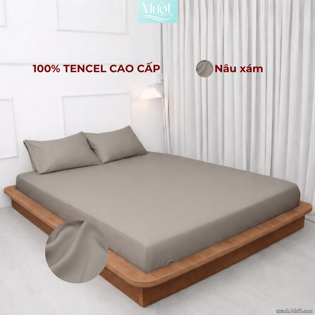 Bộ 3 món gối lụa 100% Tencel 60S trơn màu - Mướt Bedding, bộ 3 món cao cấp Nâu xám 1m6x2m (Dày 35cm trở lên)